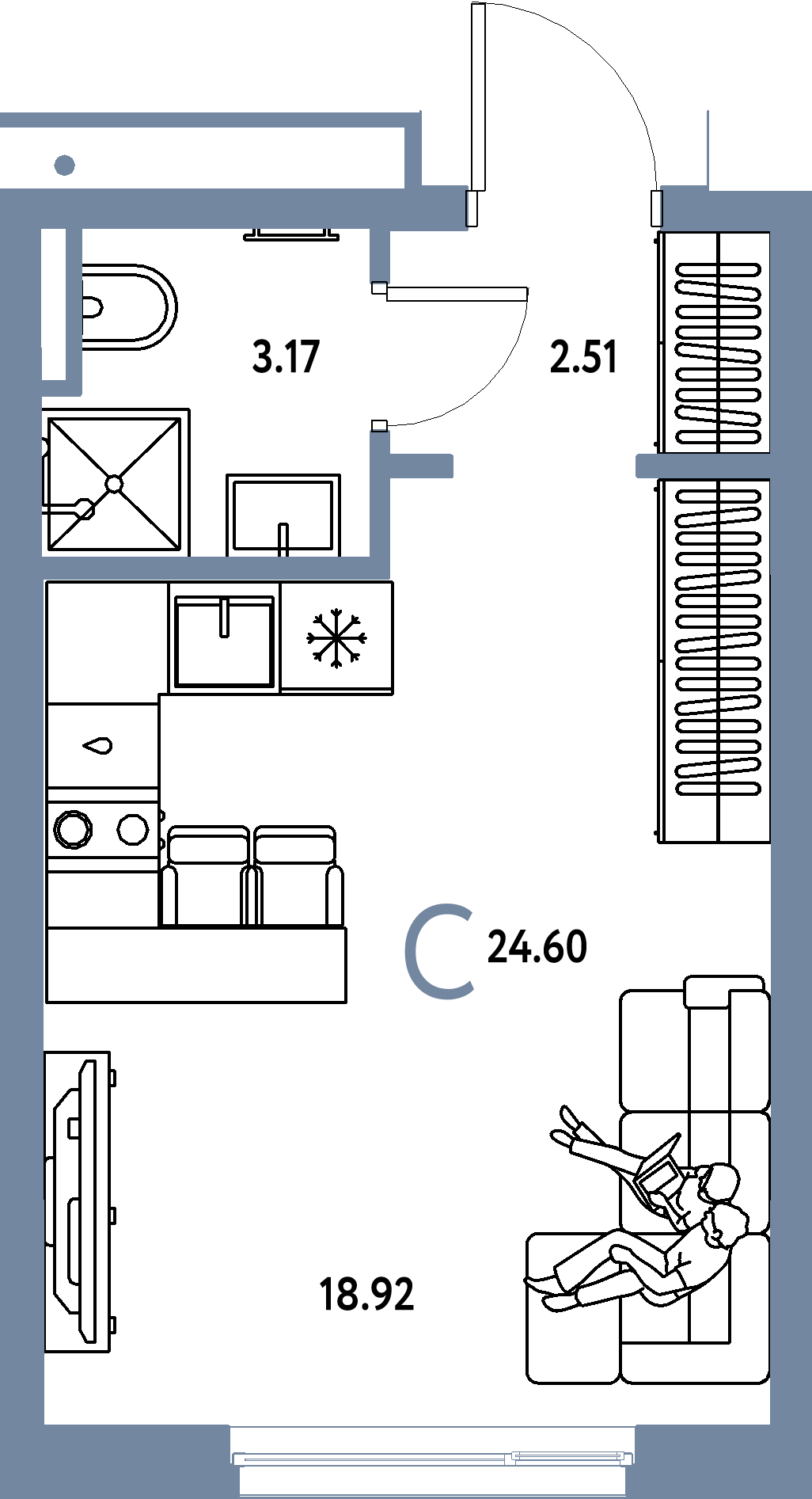 Планировка: Студия 24,6 м² в ЖК «Страна.Прибрежная»