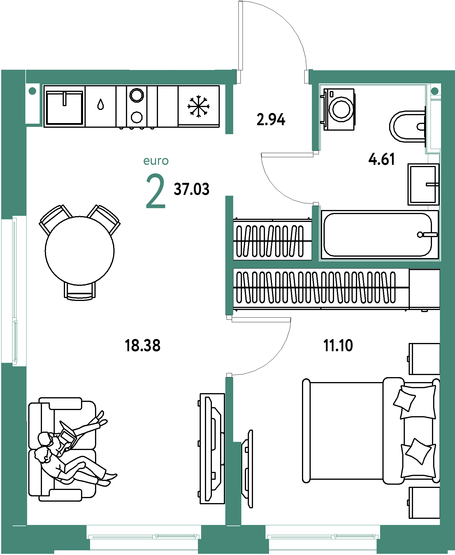 Планировка: Евродвушка 37,03 м² в ЖК «Домашний»