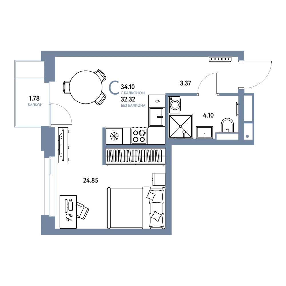 Планировка: Студия 34,1 м²