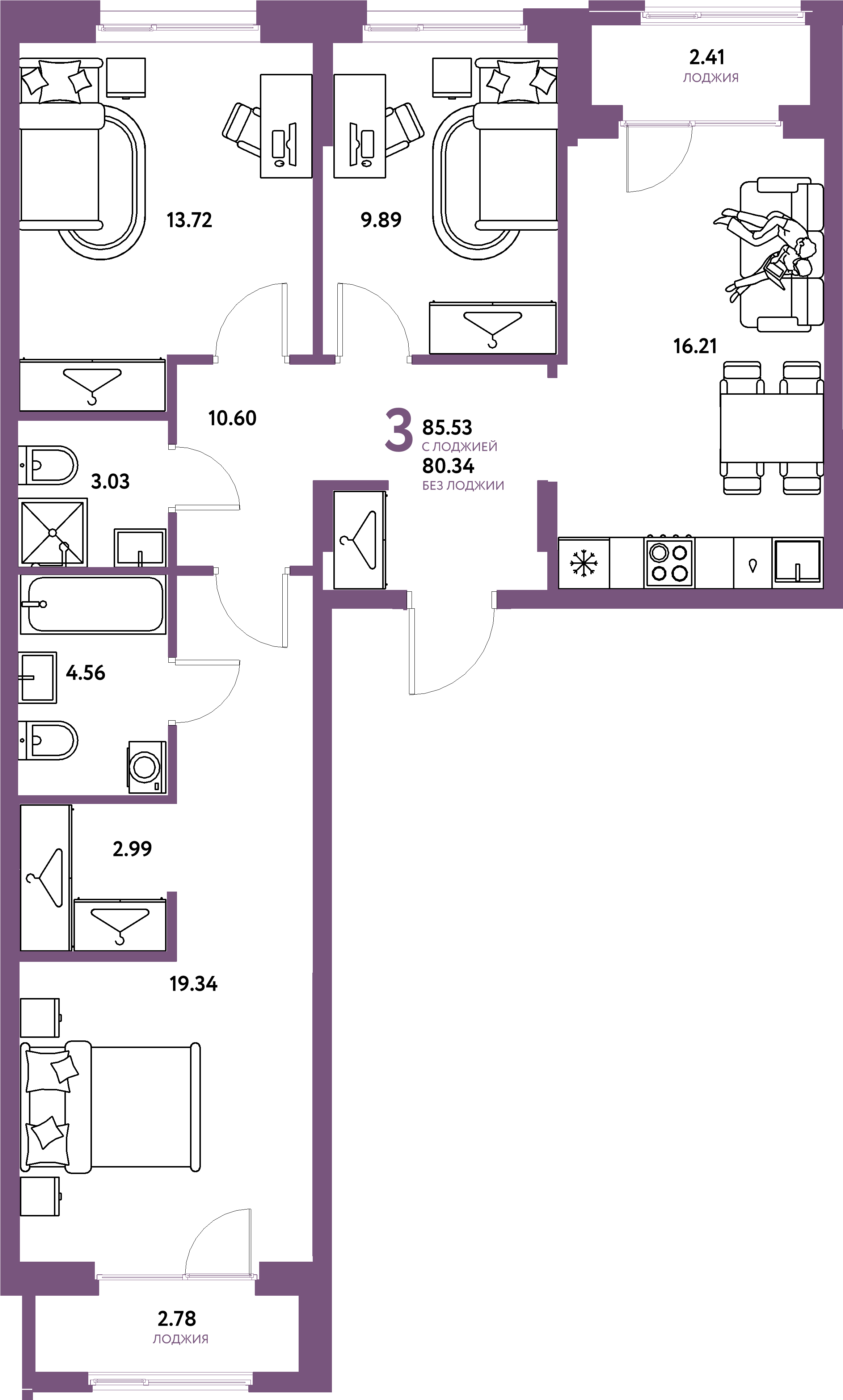 Планировка: 3-комнатная 85,53 м² в ЖК «Европейский берег 2.0»