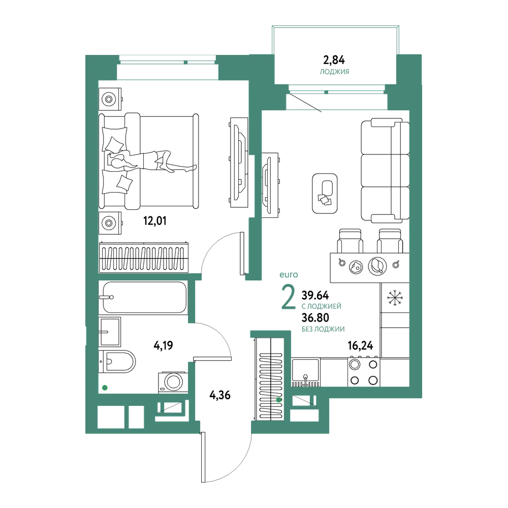 Планировка: Евродвушка 39,64 м²