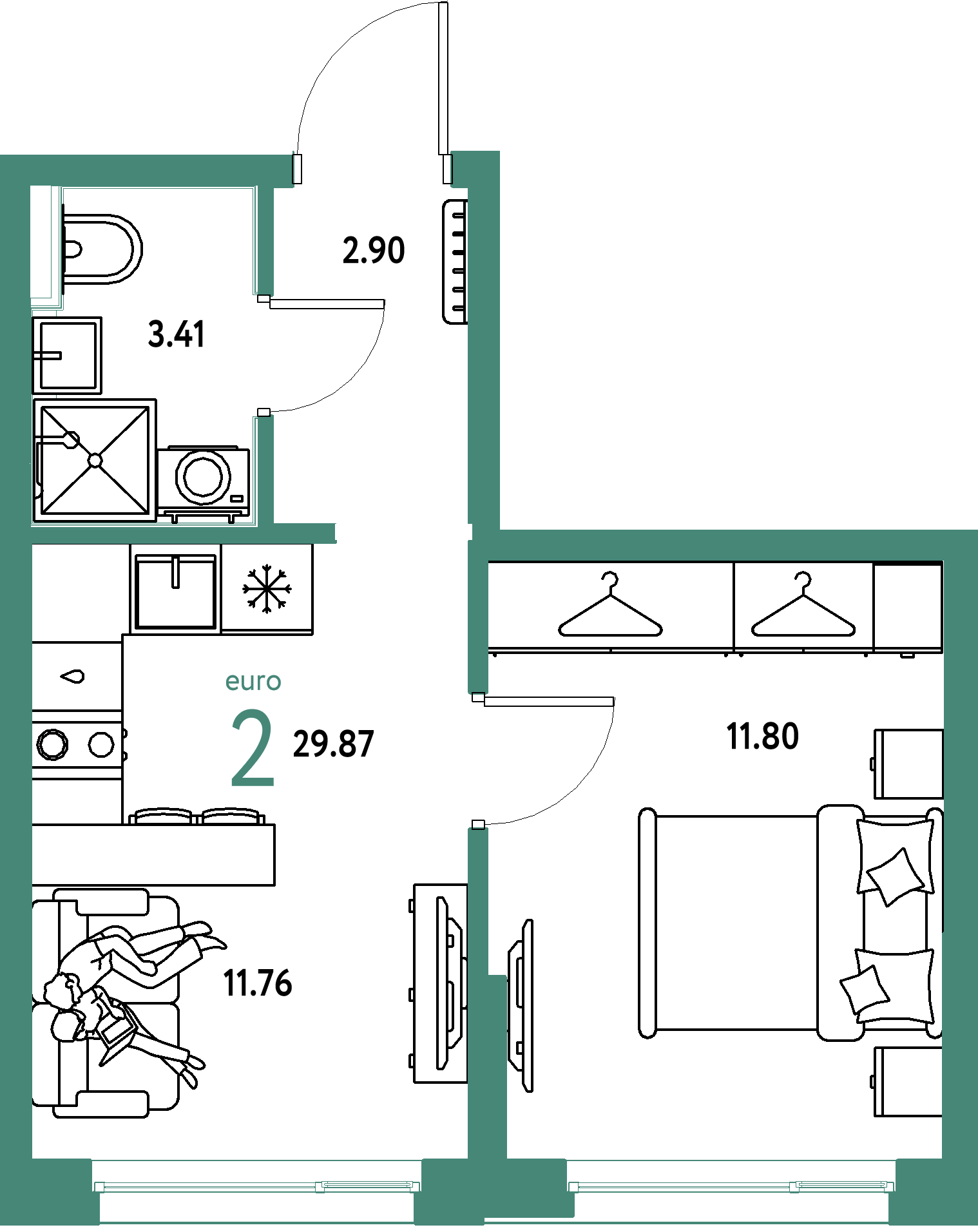Планировка: Евродвушка 29,87 м² в ЖК «Страна.Прибрежная»