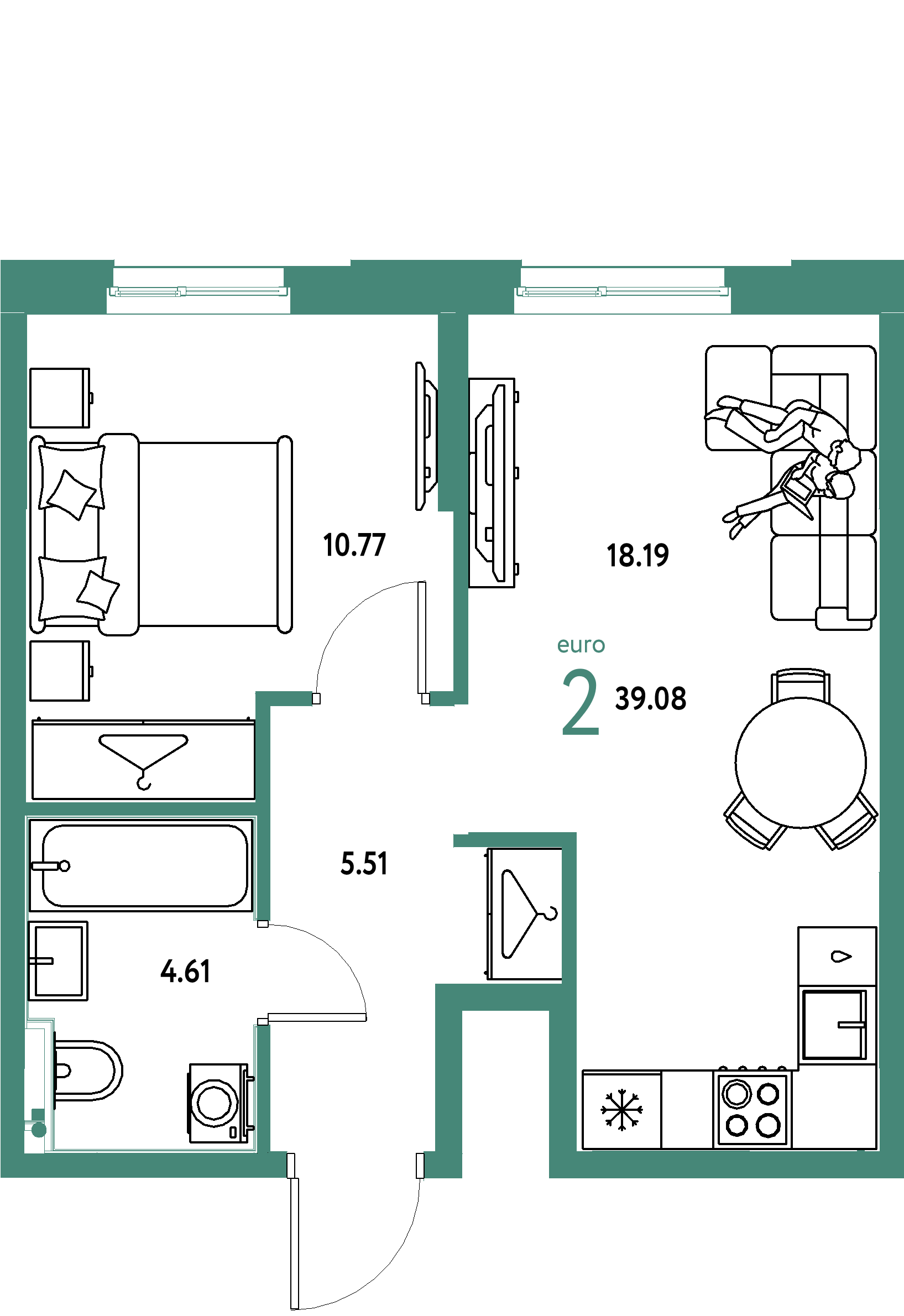 Планировка: Евродвушка 39,08 м² в ЖК «Европейский берег 2.0»
