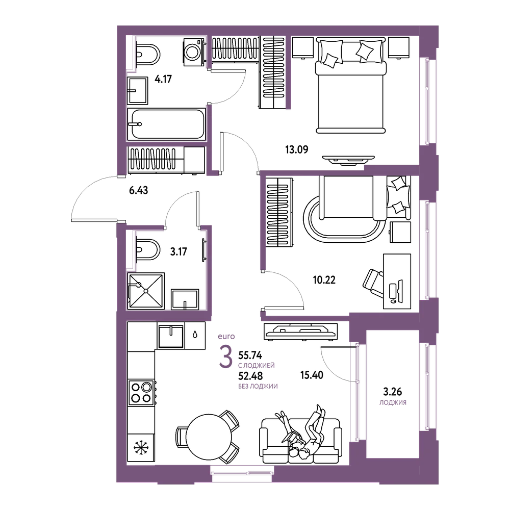 Планировка: Евротрёшка 55,74 м²