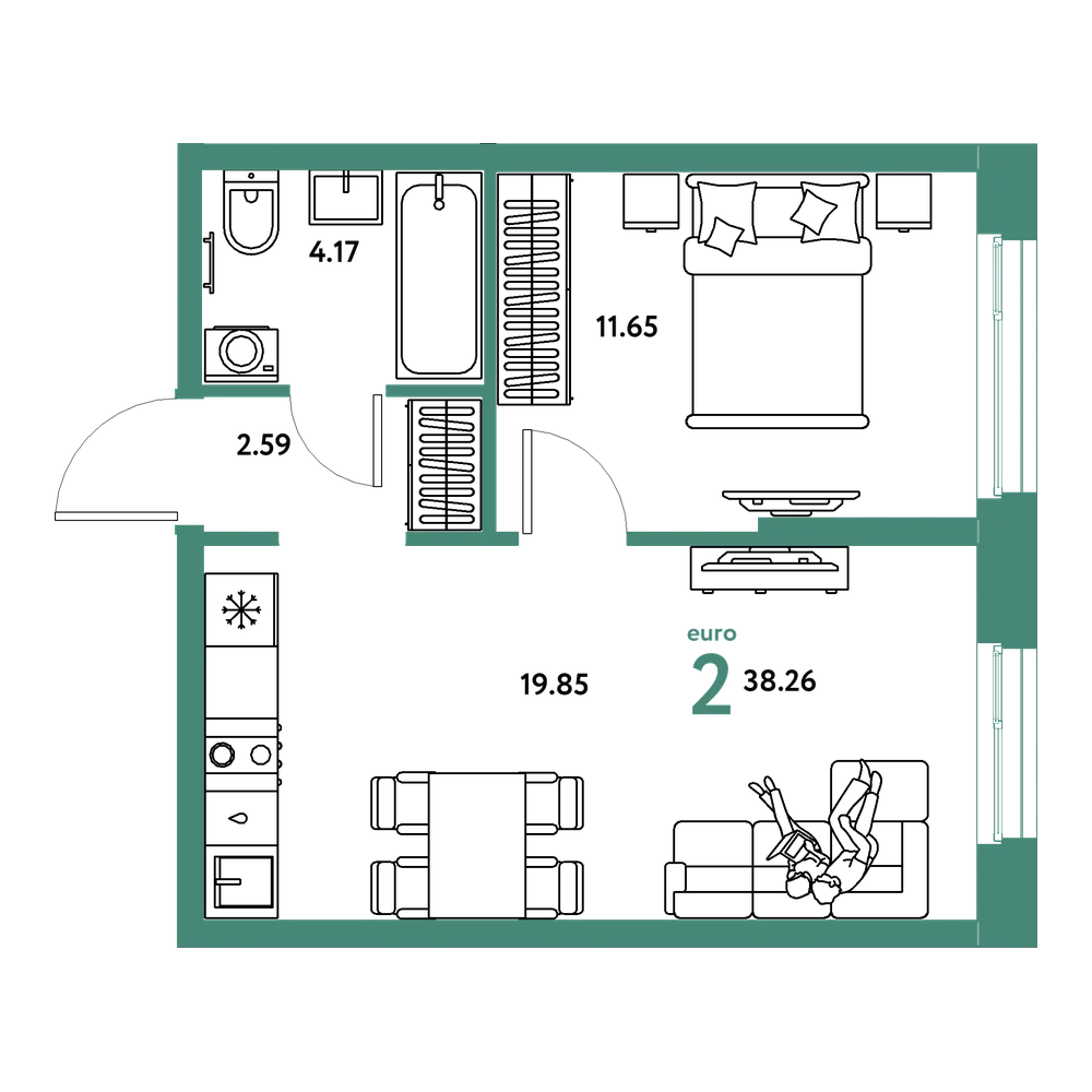 Планировка: Евродвушка 38,26 м²