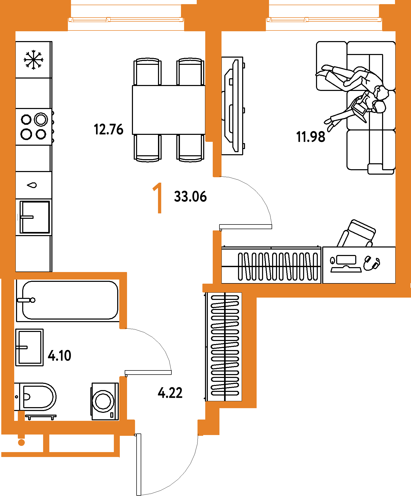 Планировка: 1-комнатная 33,06 м² в ЖК «Домашний»