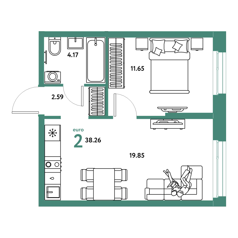 Планировка: Евродвушка 38,26 м²