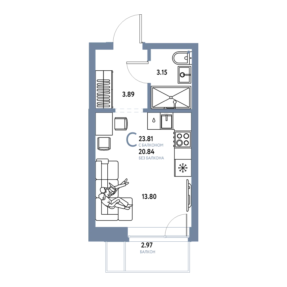 Планировка: Студия 23,81 м²