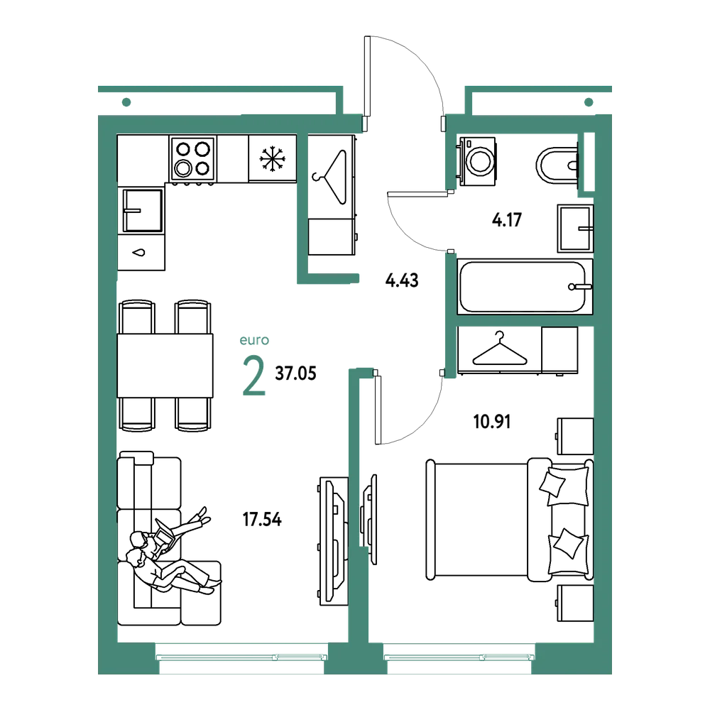 Планировка: Евродвушка 37,05 м²