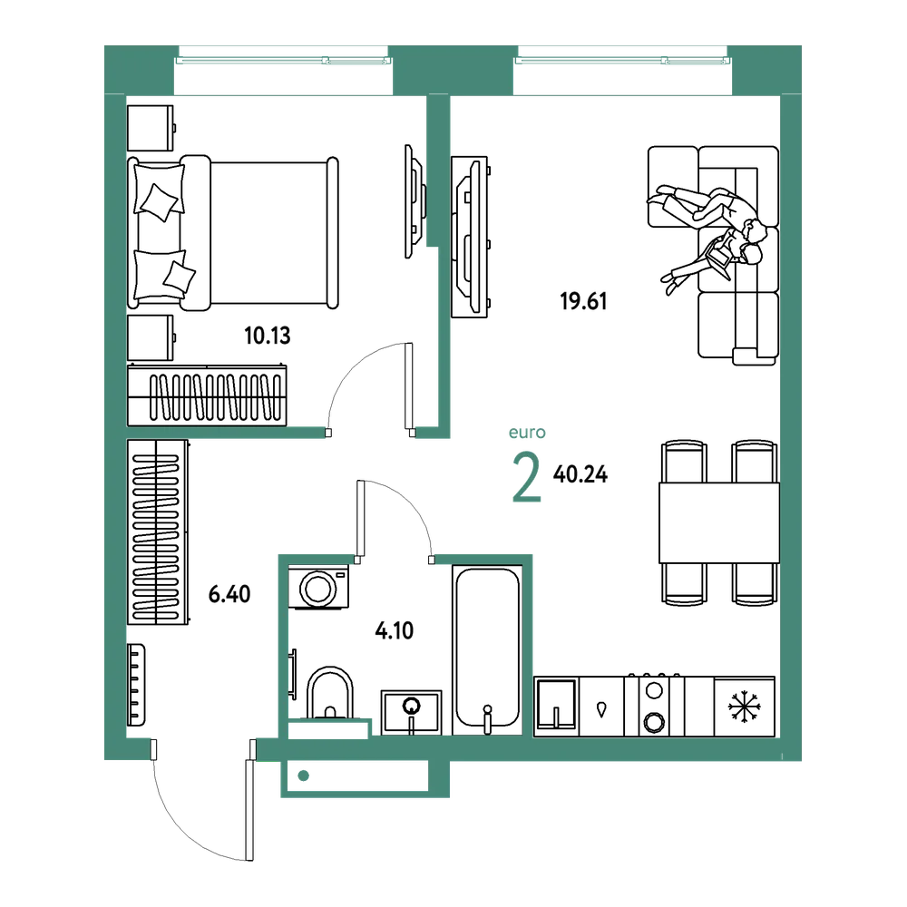 Планировка: Евродвушка 40,24 м²