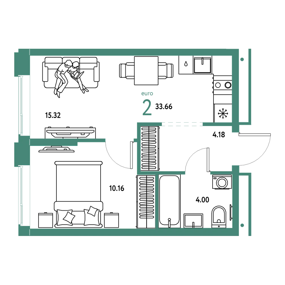 Планировка: Евродвушка 33,66 м²