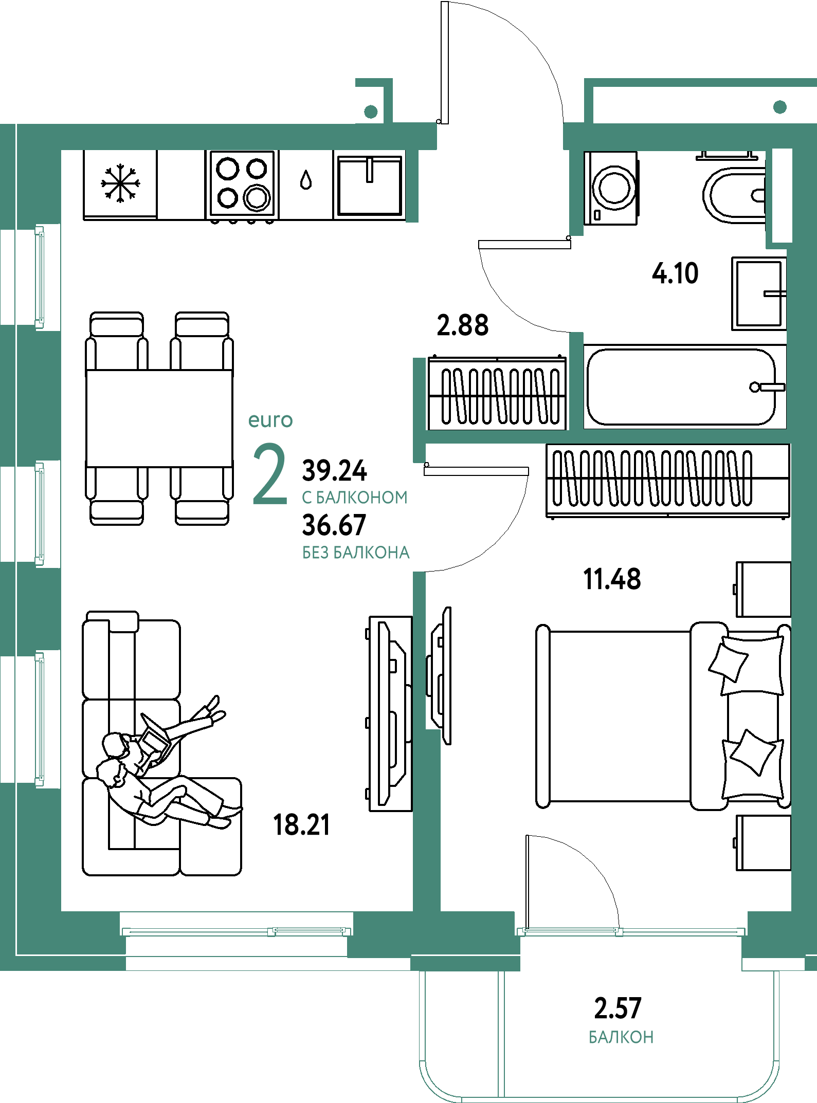 Планировка: Евродвушка 39,24 м² в ЖК «Домашний»