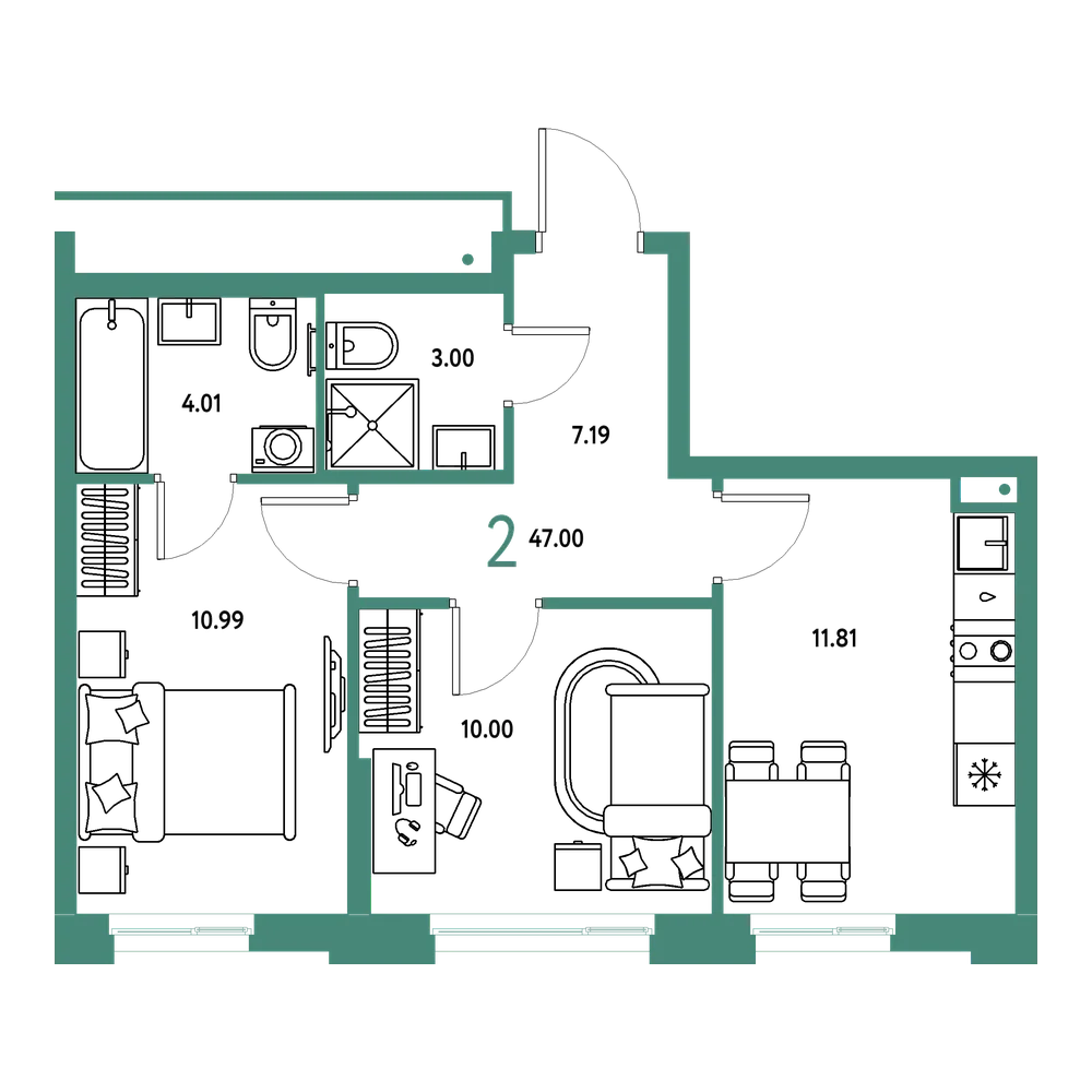 Планировка: 2-комнатная 47 м²