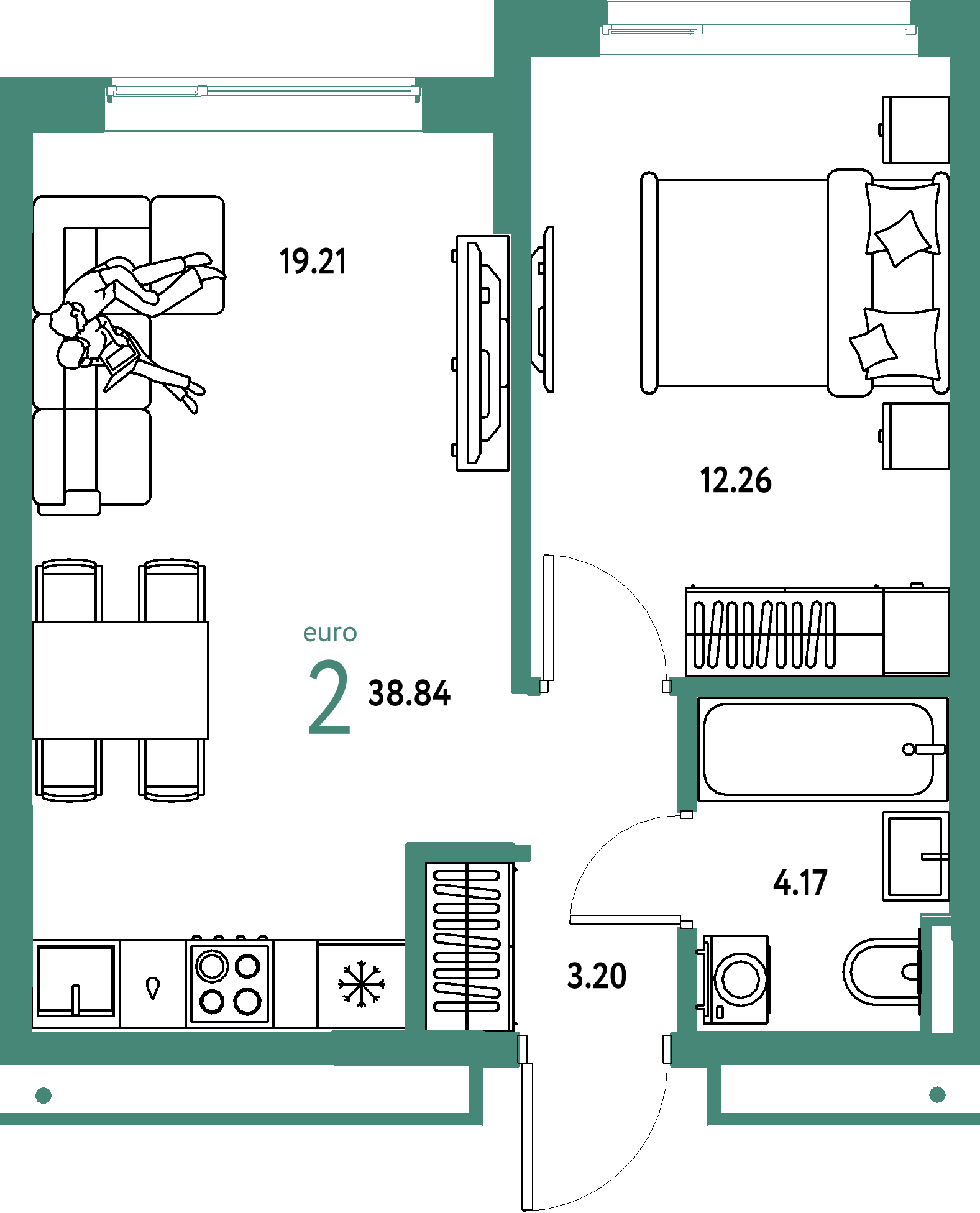 Планировка: Евродвушка 38,84 м² в ЖК «Страна.Прибрежная»