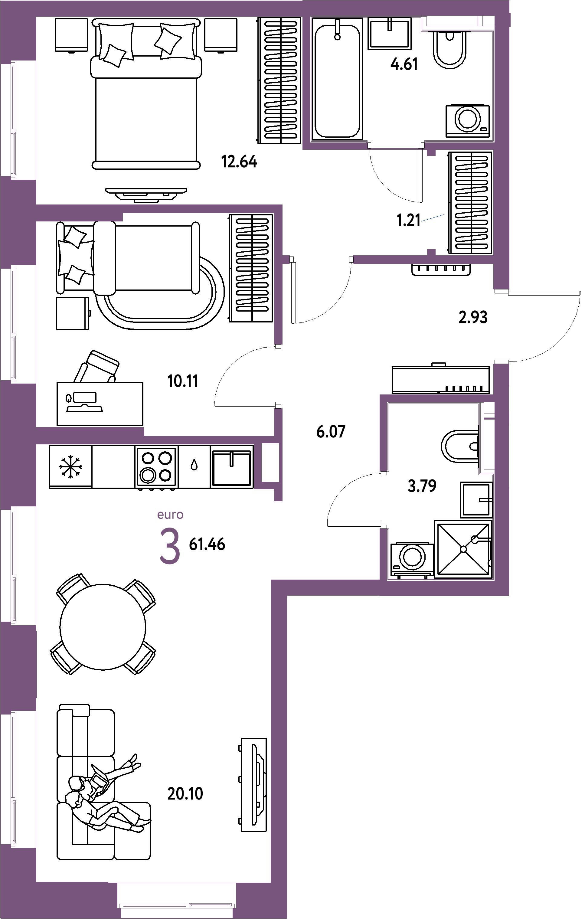 Планировка: Евротрёшка 61,46 м² в ЖК «Домашний»