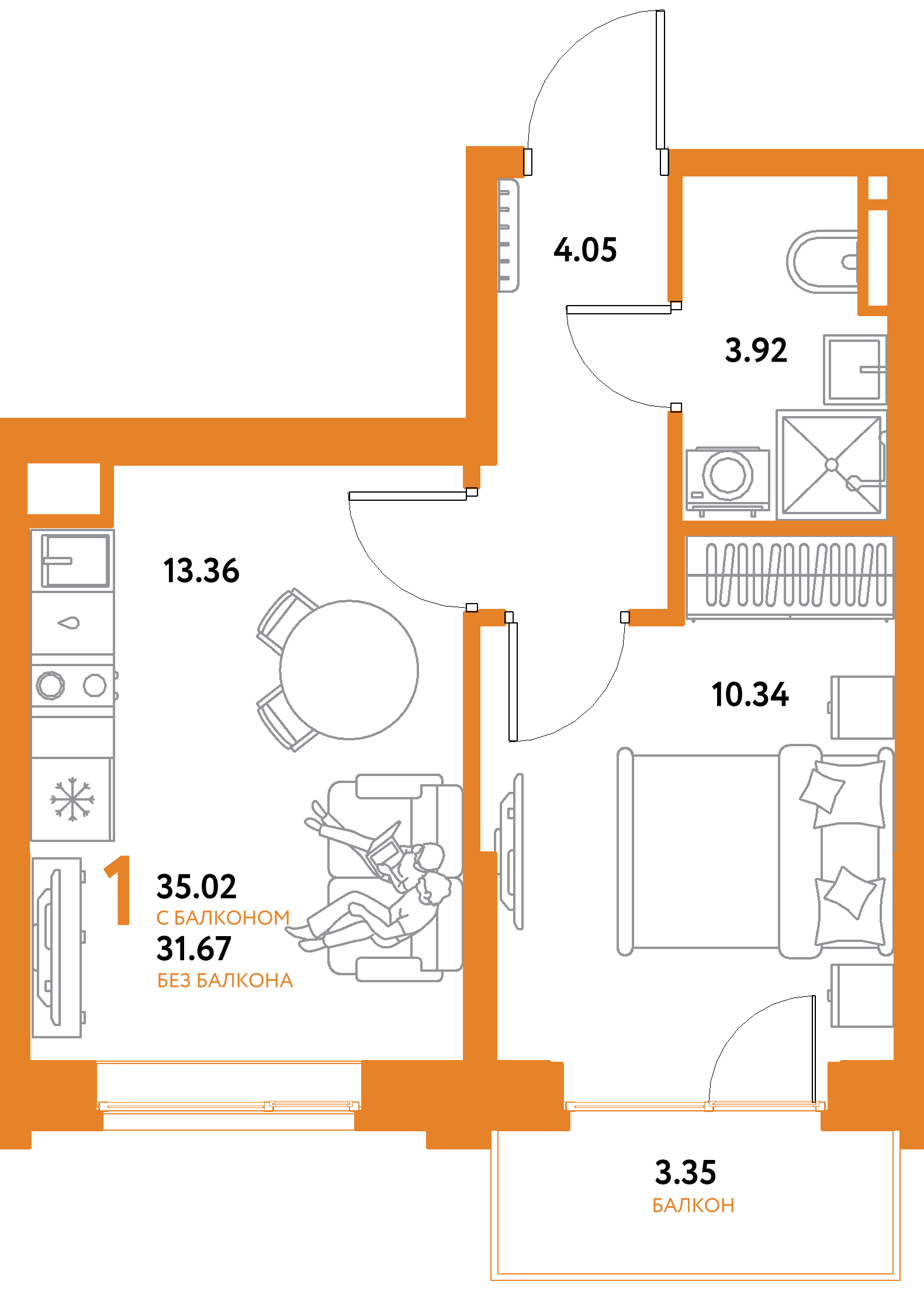 Планировка: 1-комнатная 35,02 м² в ЖК «Остров-сад»