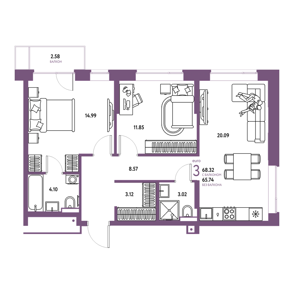 Планировка: Евротрёшка 68,32 м²