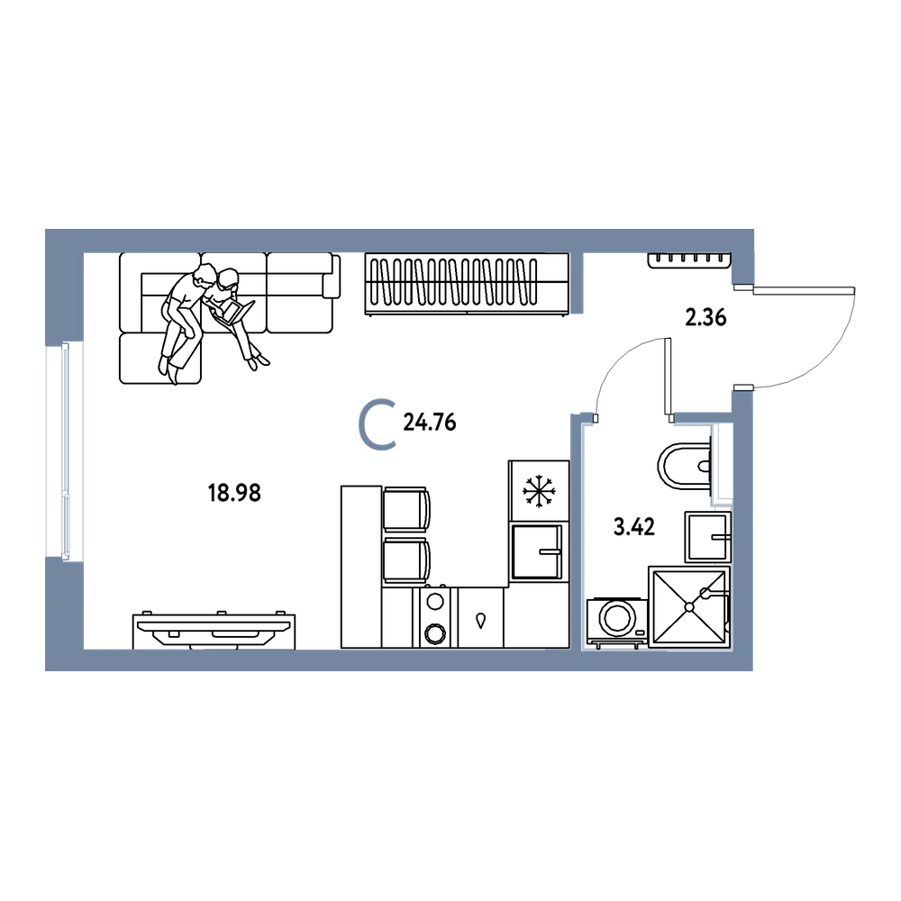 Планировка: Студия 24,76 м²