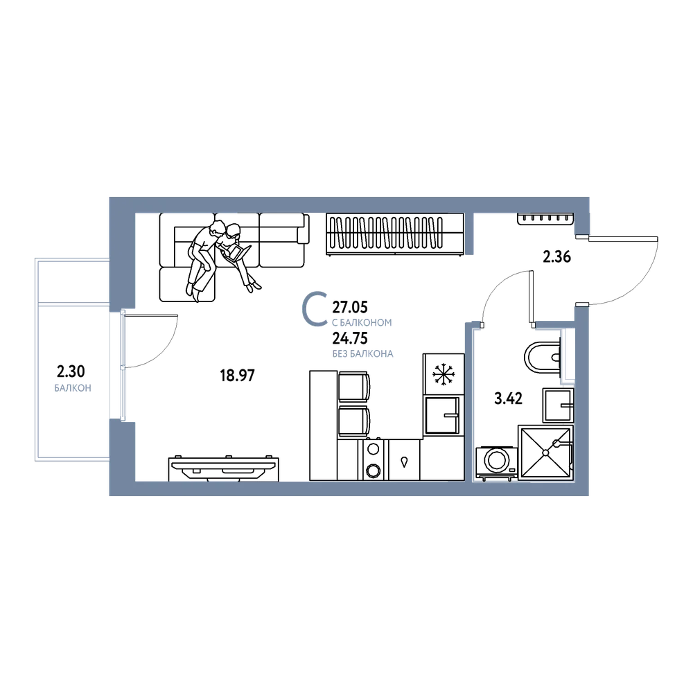 Планировка: Студия 27,05 м²