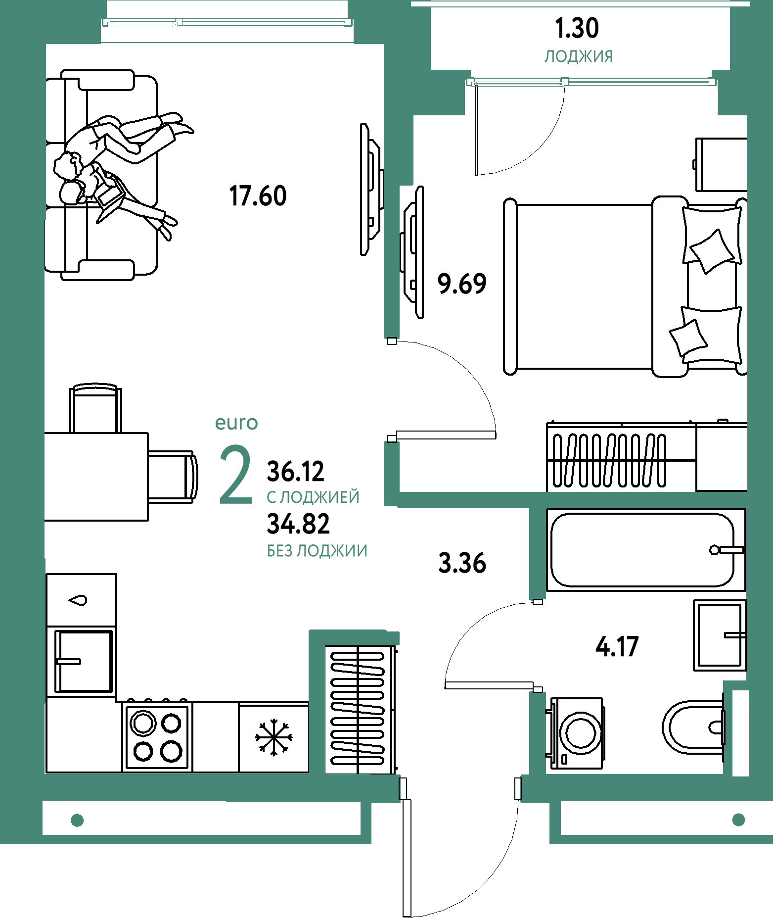 Планировка: Евродвушка 36,12 м² в ЖК «Страна.Прибрежная»