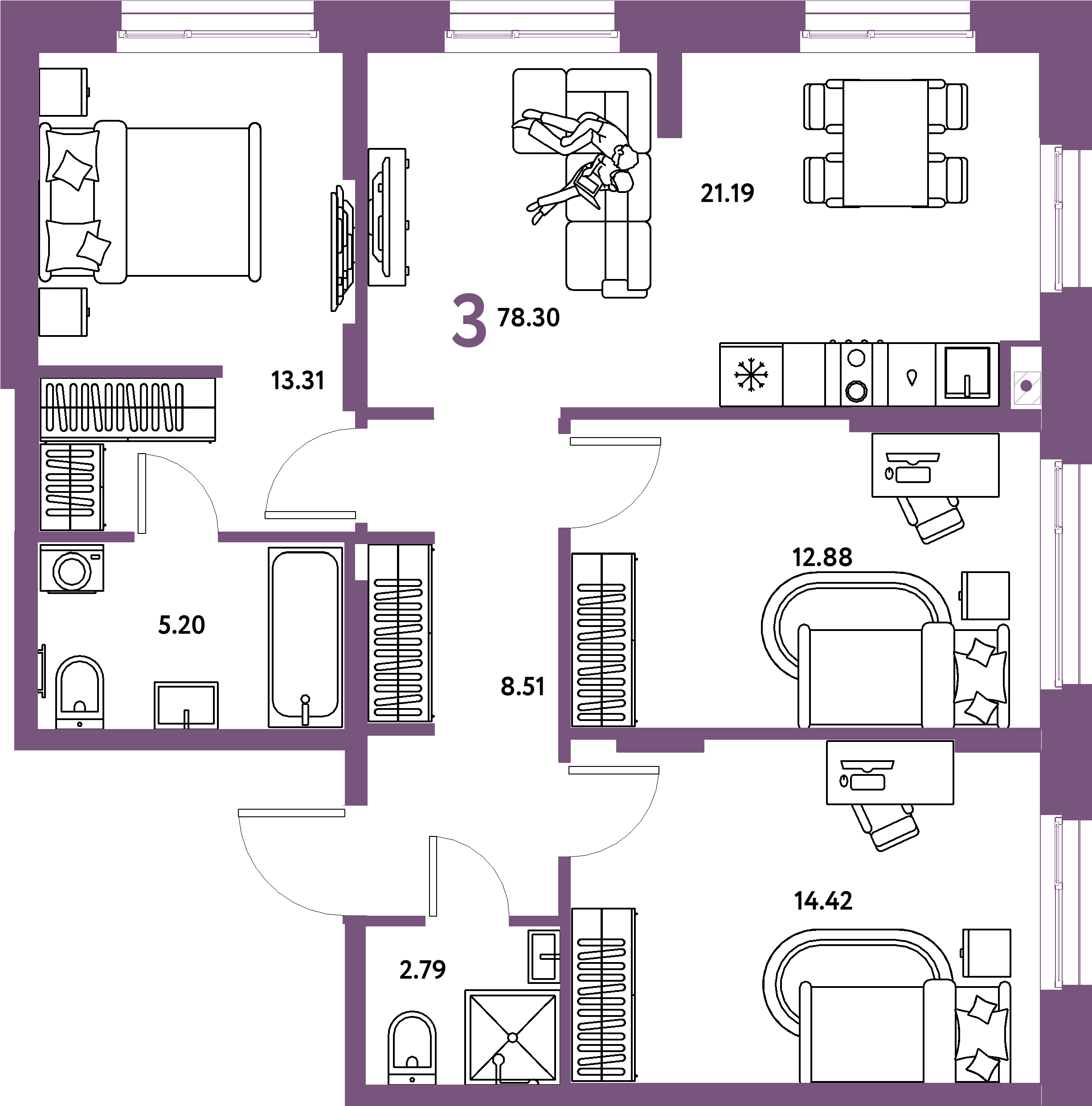 Планировка: 3-комнатная 78,3 м² в ЖК «Европейский берег 2.0»