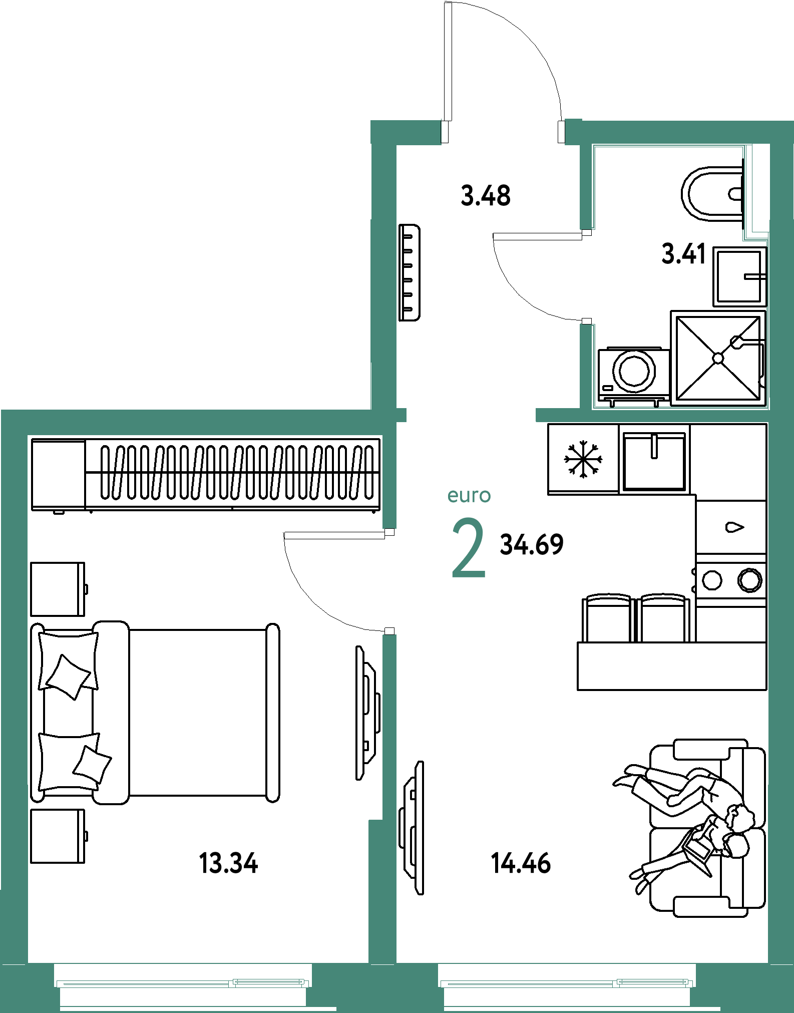 Планировка: Евродвушка 34,69 м² в ЖК «Домашний»