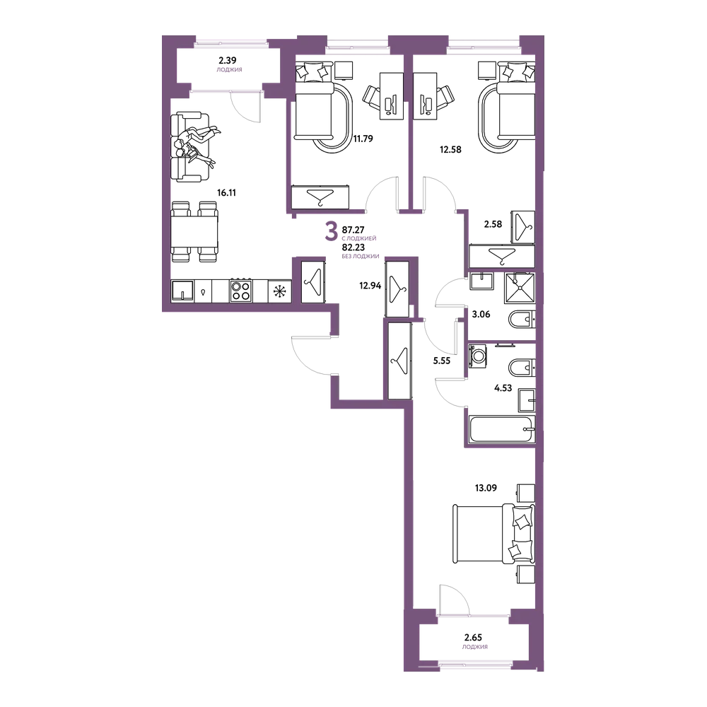 Планировка: Евро-4 87,27 м²