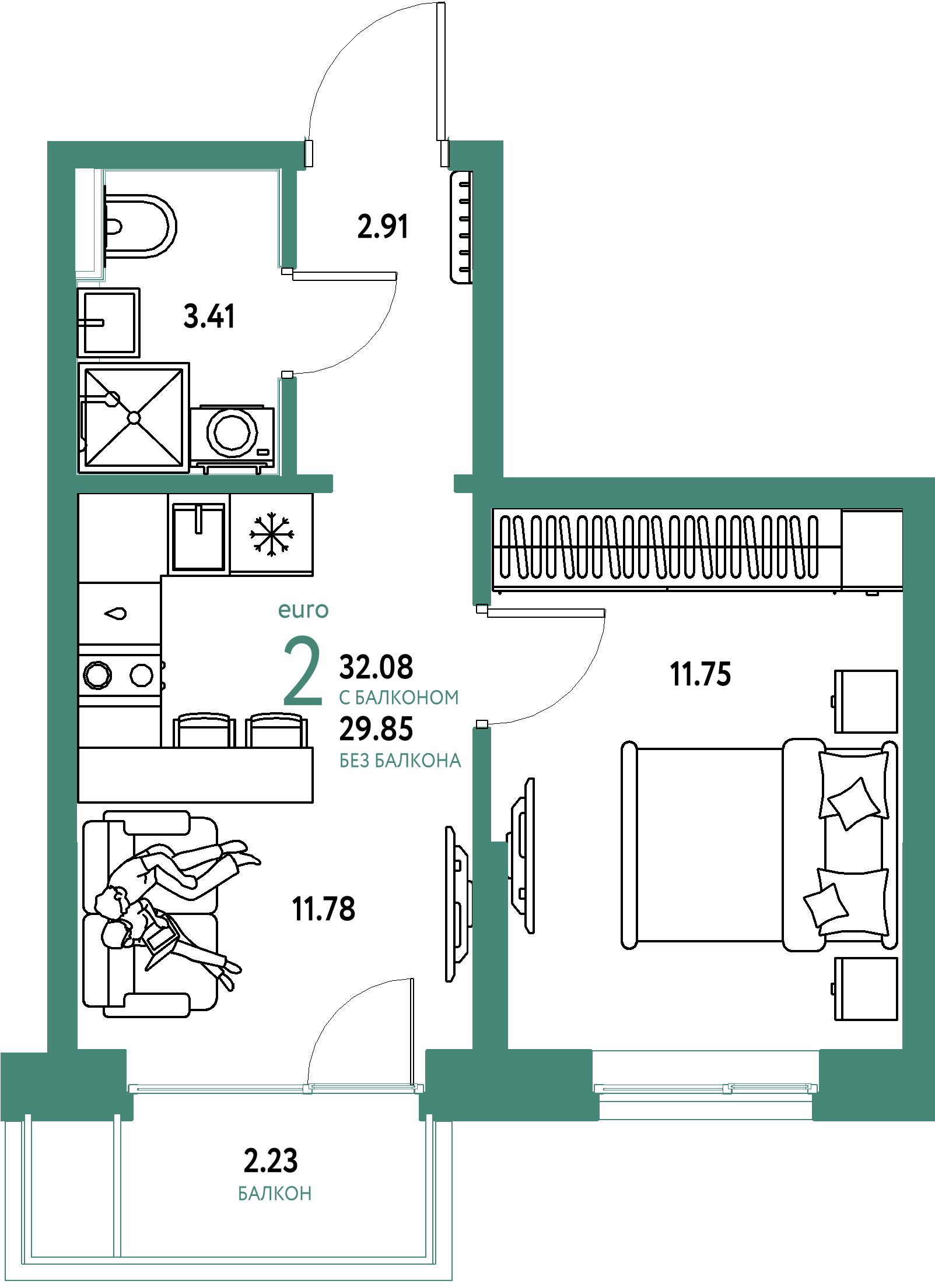 Планировка: Евродвушка 32,08 м² в ЖК «Остров-сад»