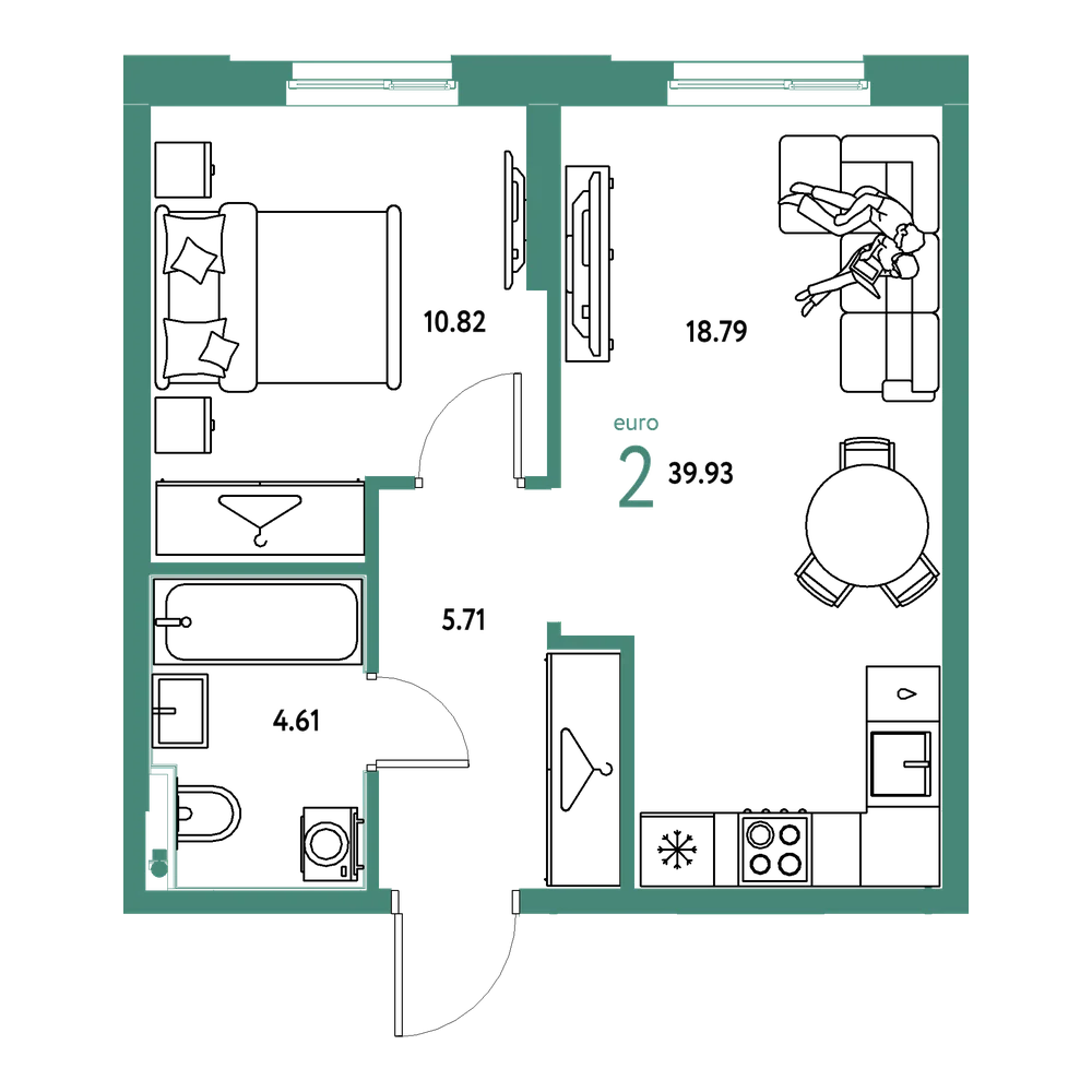 Планировка: Евродвушка 39,93 м²