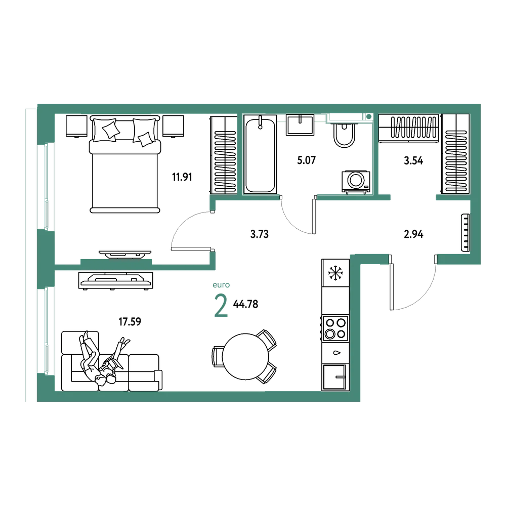 Планировка: Евродвушка 44,78 м²