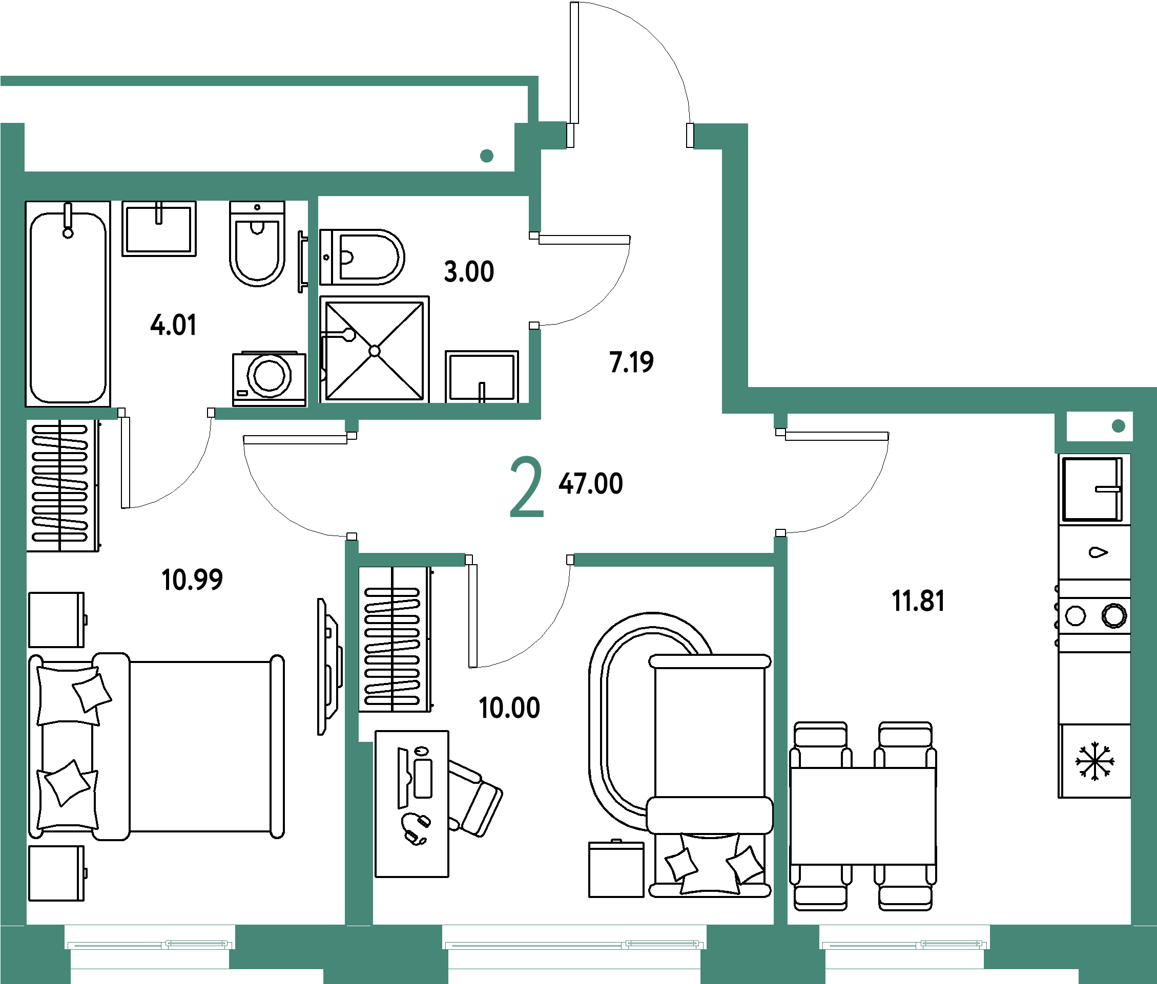 Планировка: 2-комнатная 47 м² в ЖК «Домашний»