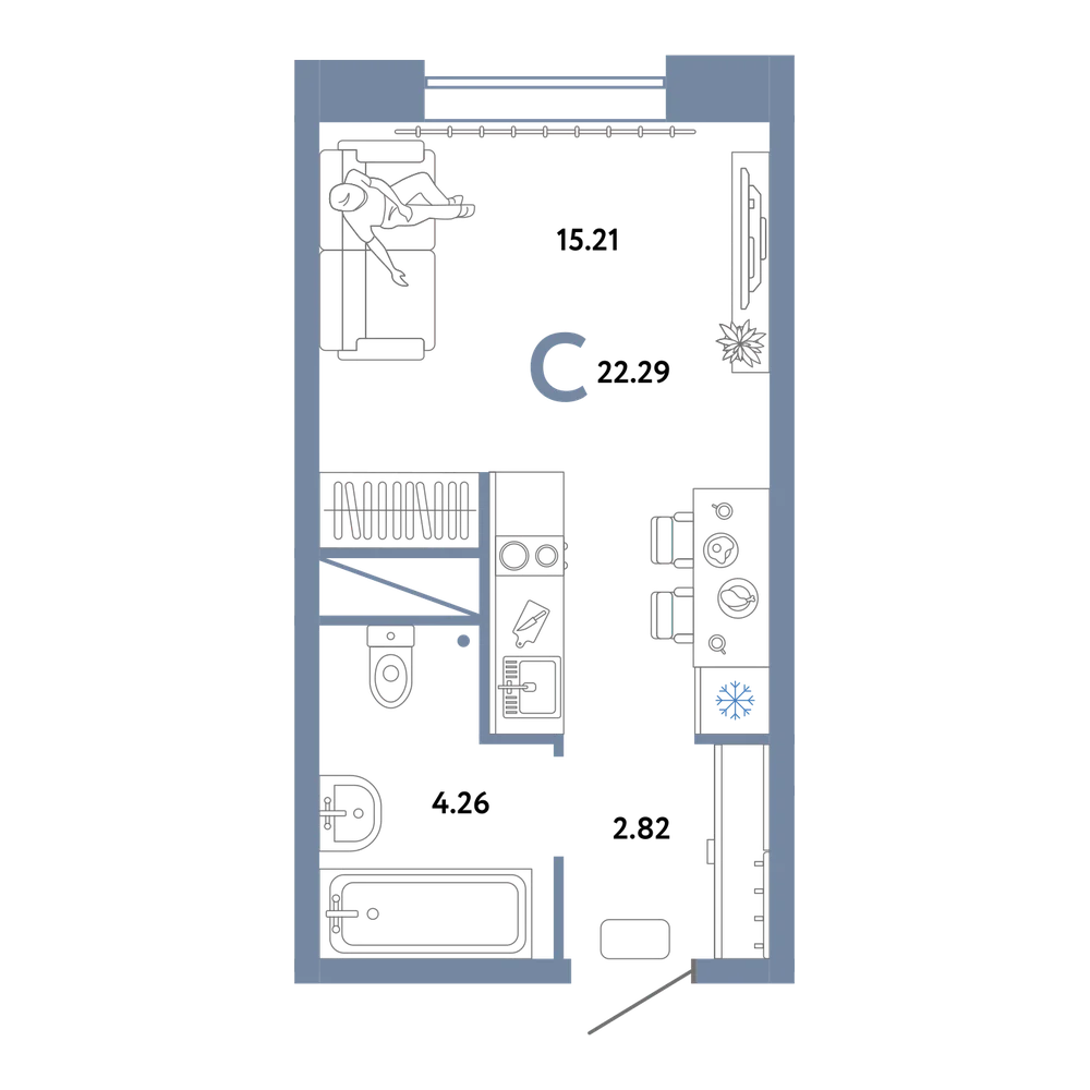 Планировка: Студия 22,29 м²