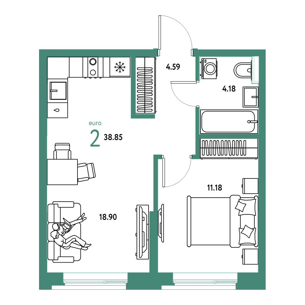 Планировка: Евродвушка 38,83 м²