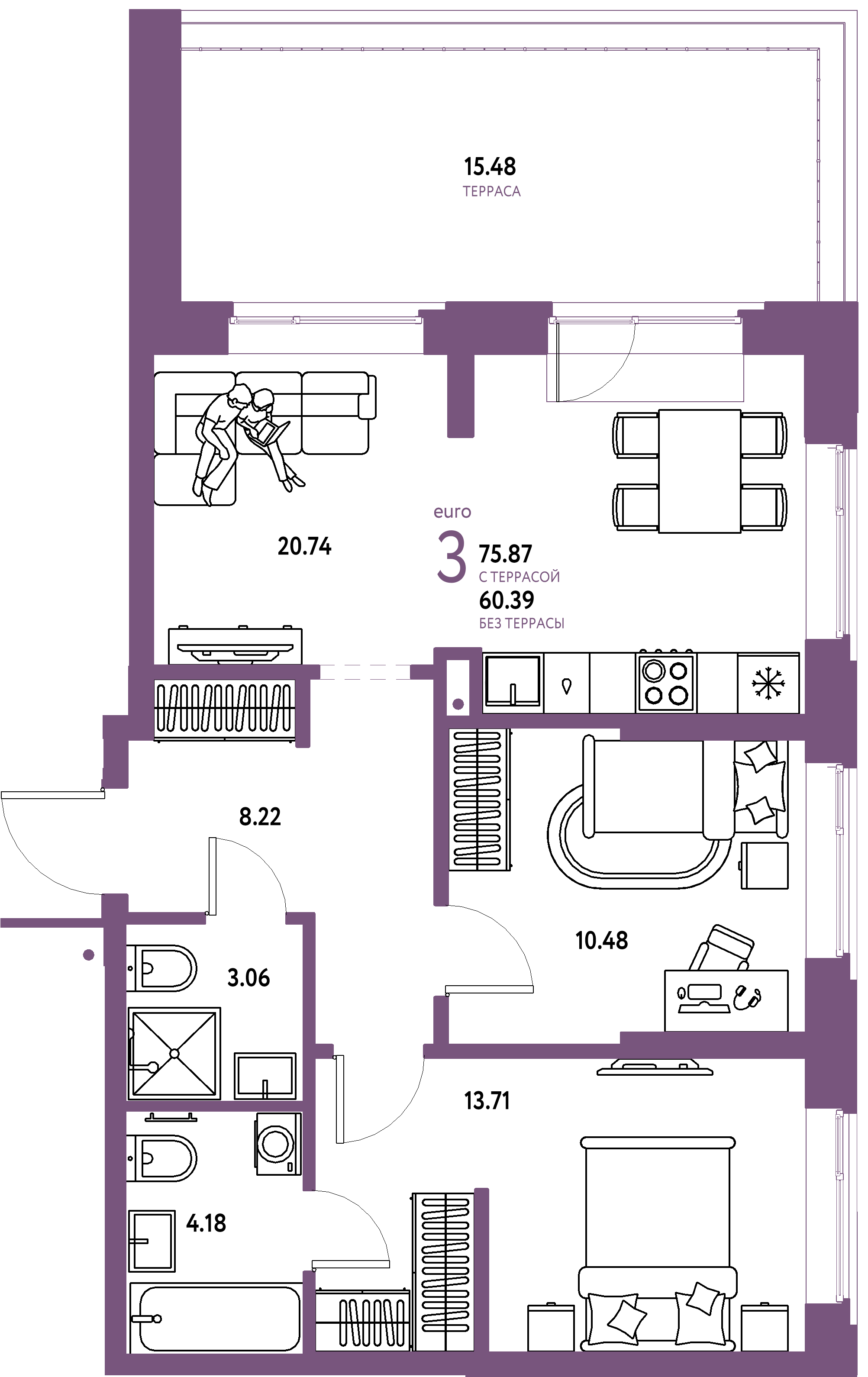Планировка: Евротрёшка 75,87 м² в ЖК «Домашний»