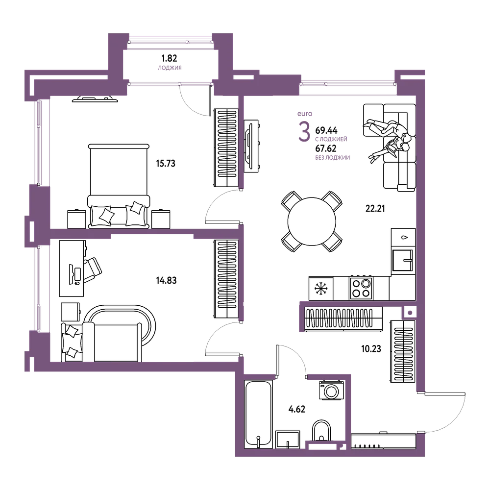 Планировка: Евротрёшка 69,44 м²