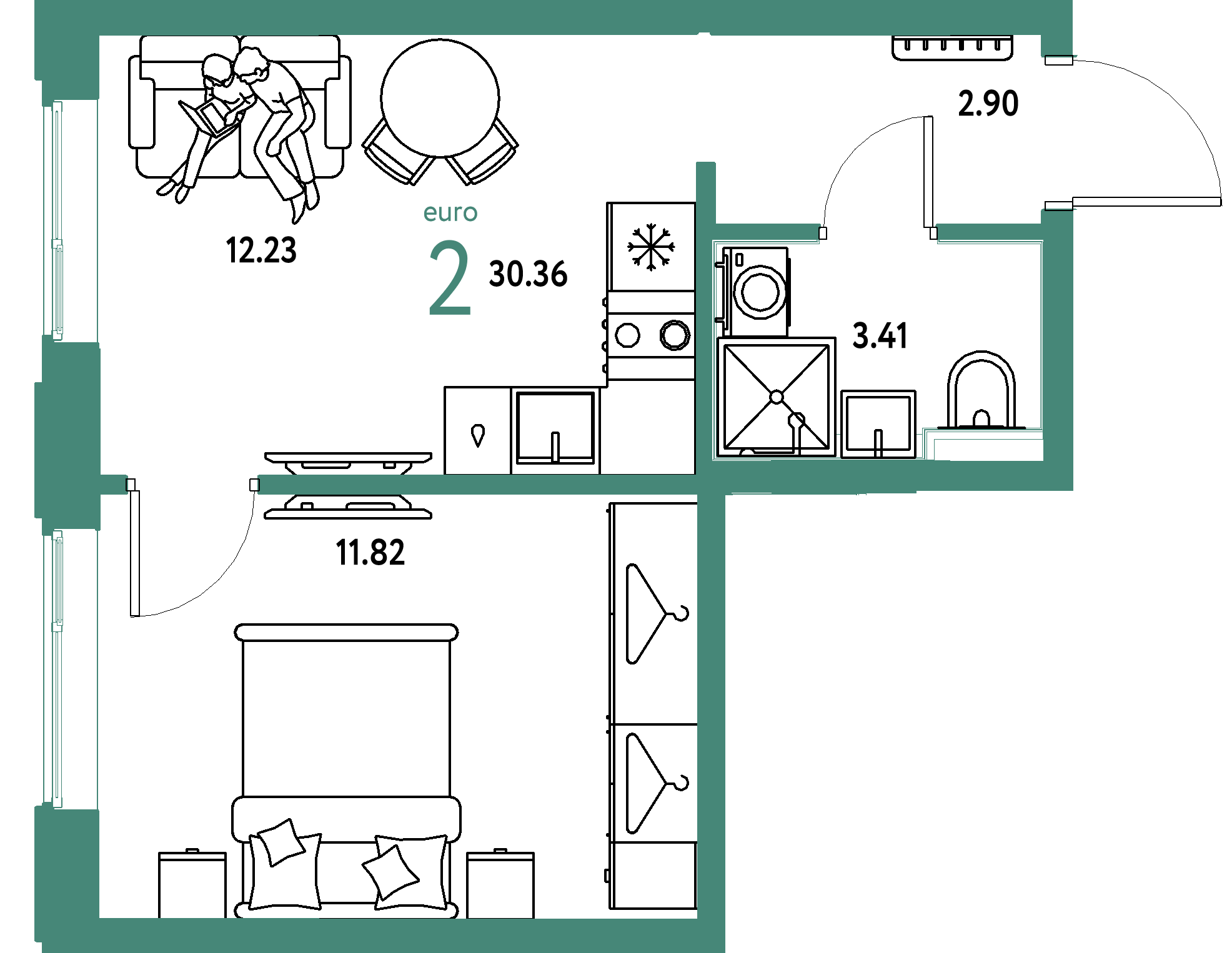 Планировка: Евродвушка 30,36 м² в ЖК «Страна.Прибрежная»