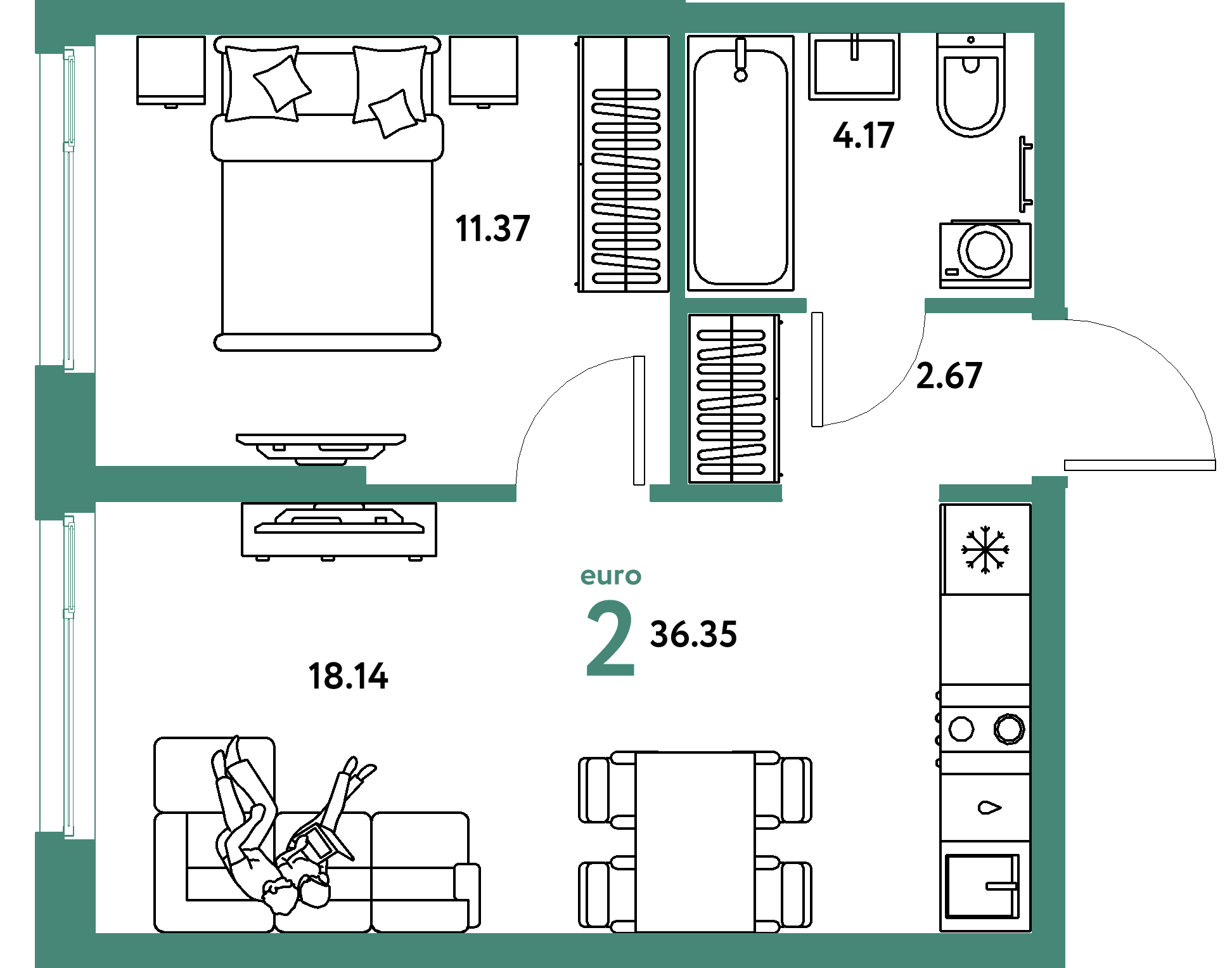 Планировка: Евродвушка 36,35 м² в ЖК «Европейский берег 2.0»