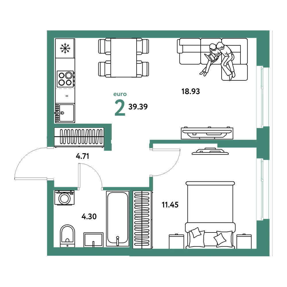Планировка: Евродвушка 39,39 м²