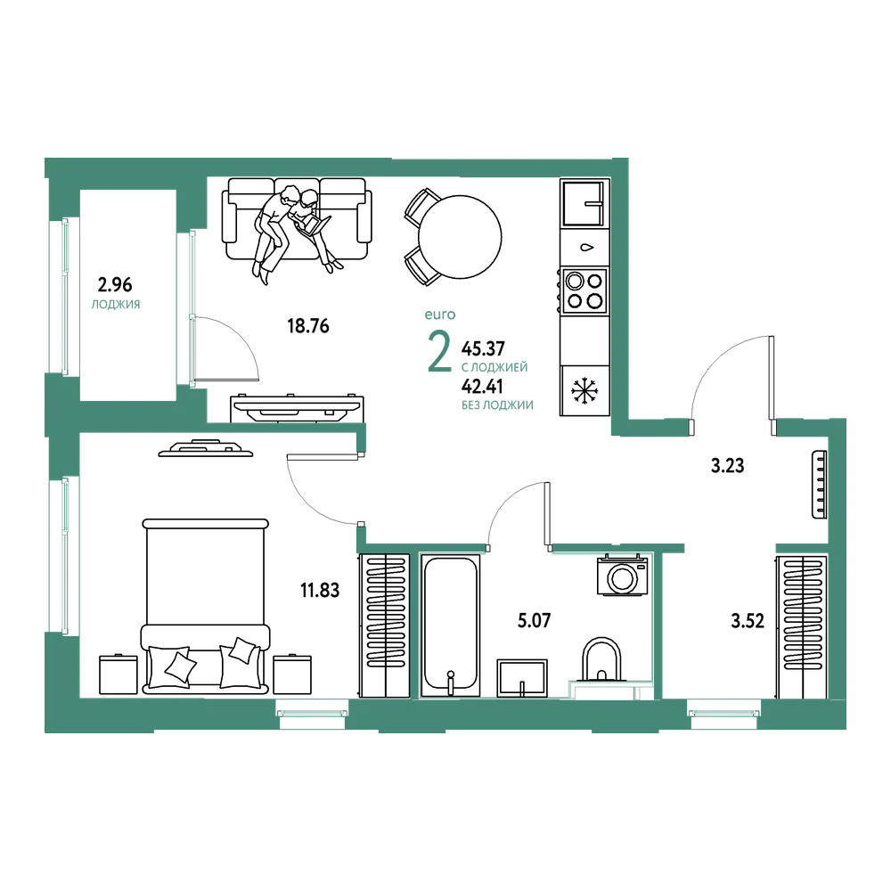 Планировка: Евродвушка 45,37 м²