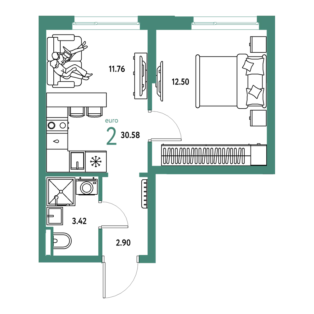 Планировка: Евродвушка 30,58 м²