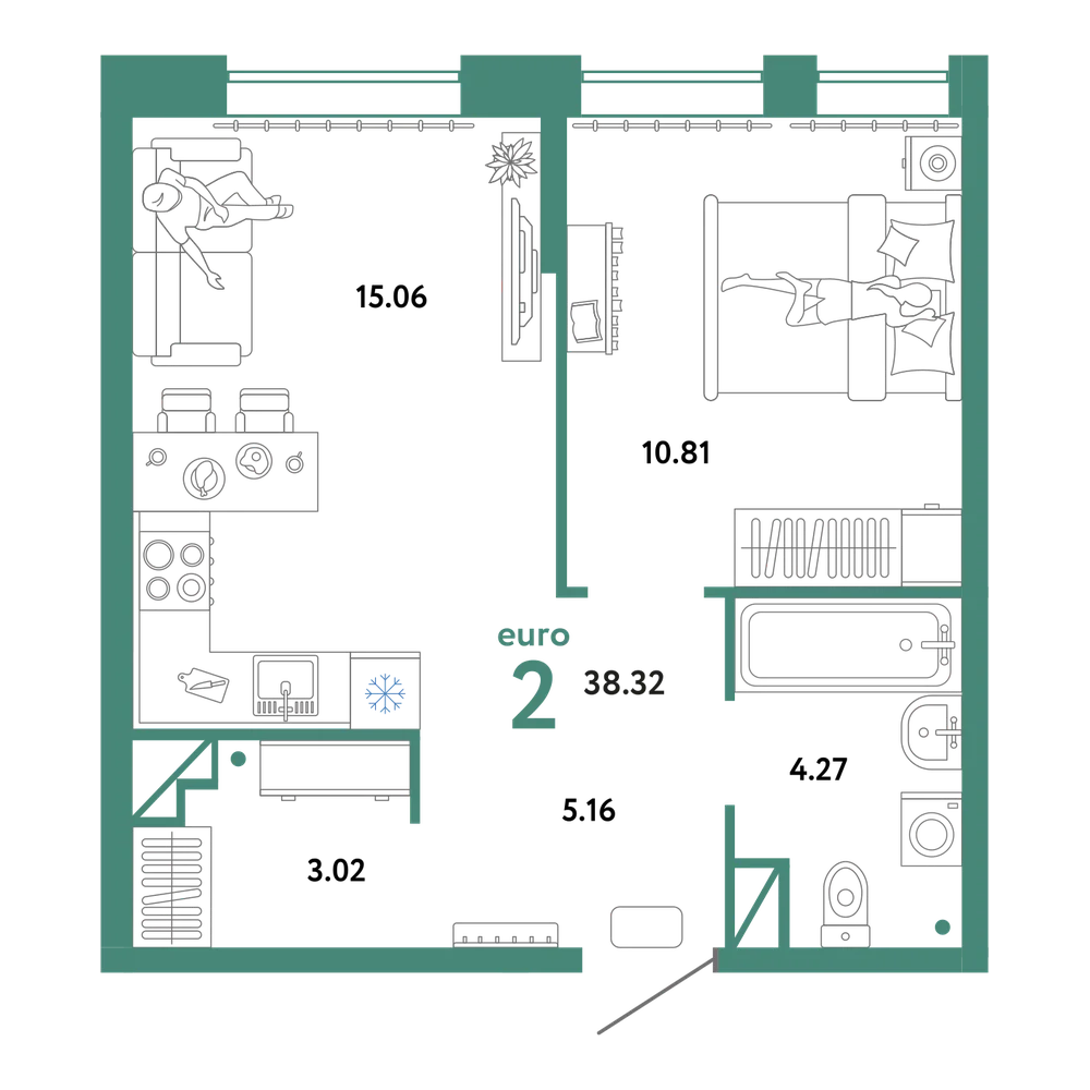 Планировка: Евродвушка 38,32 м²