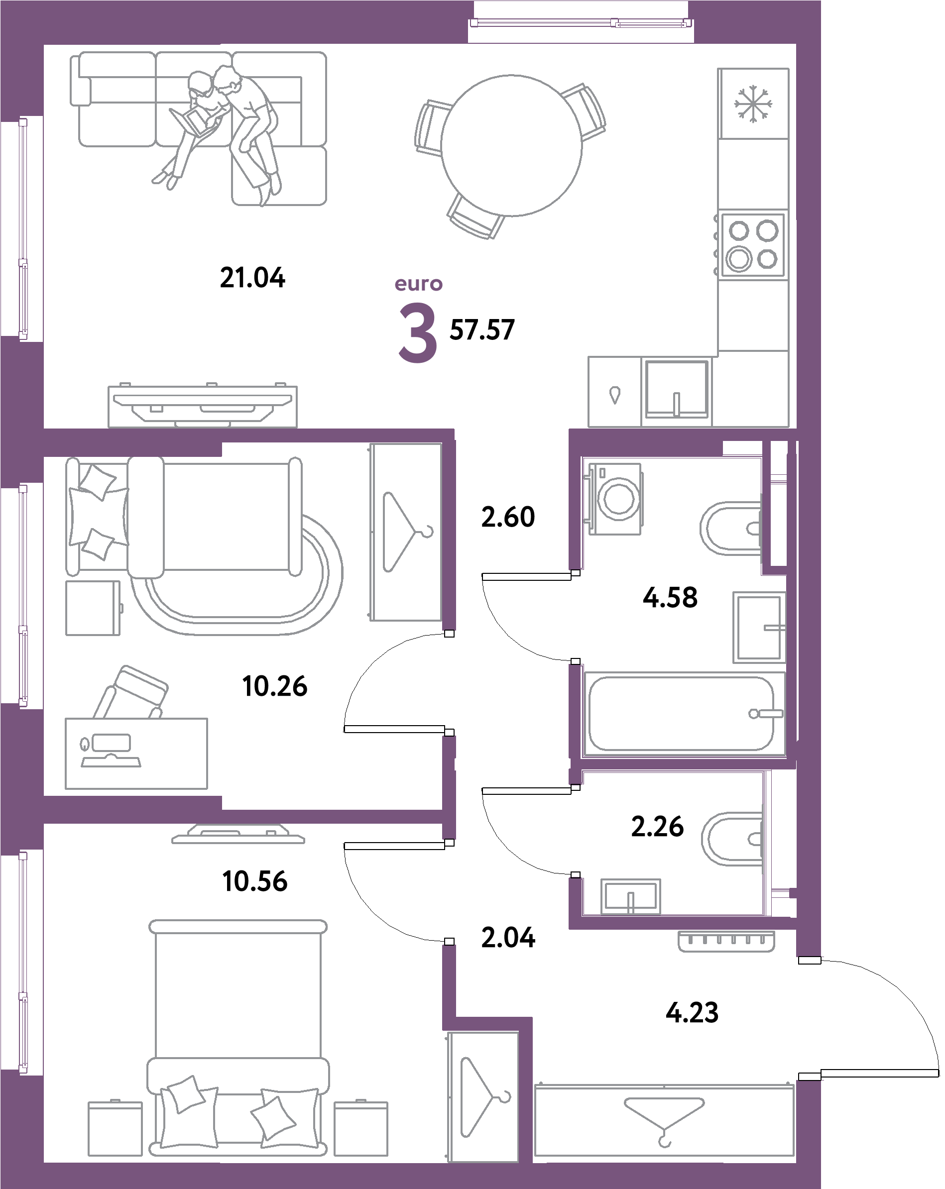 Планировка: Евротрёшка 57,57 м² в ЖК «Остров-сад»