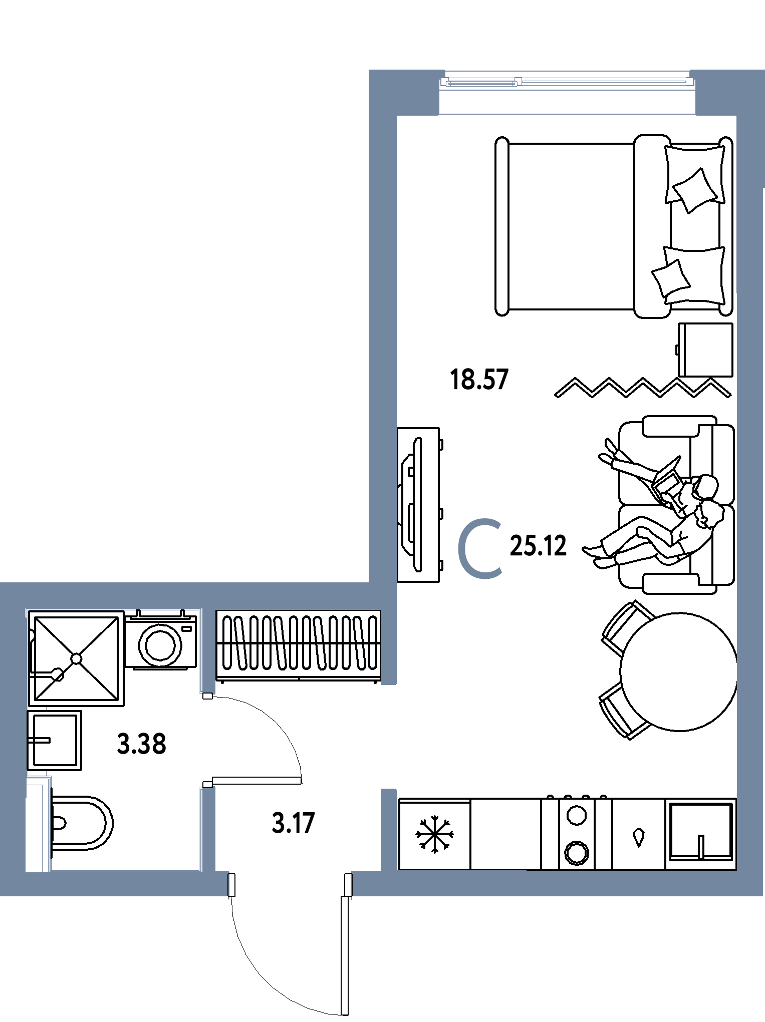 Планировка: Студия 25,12 м² в ЖК «Остров-сад»