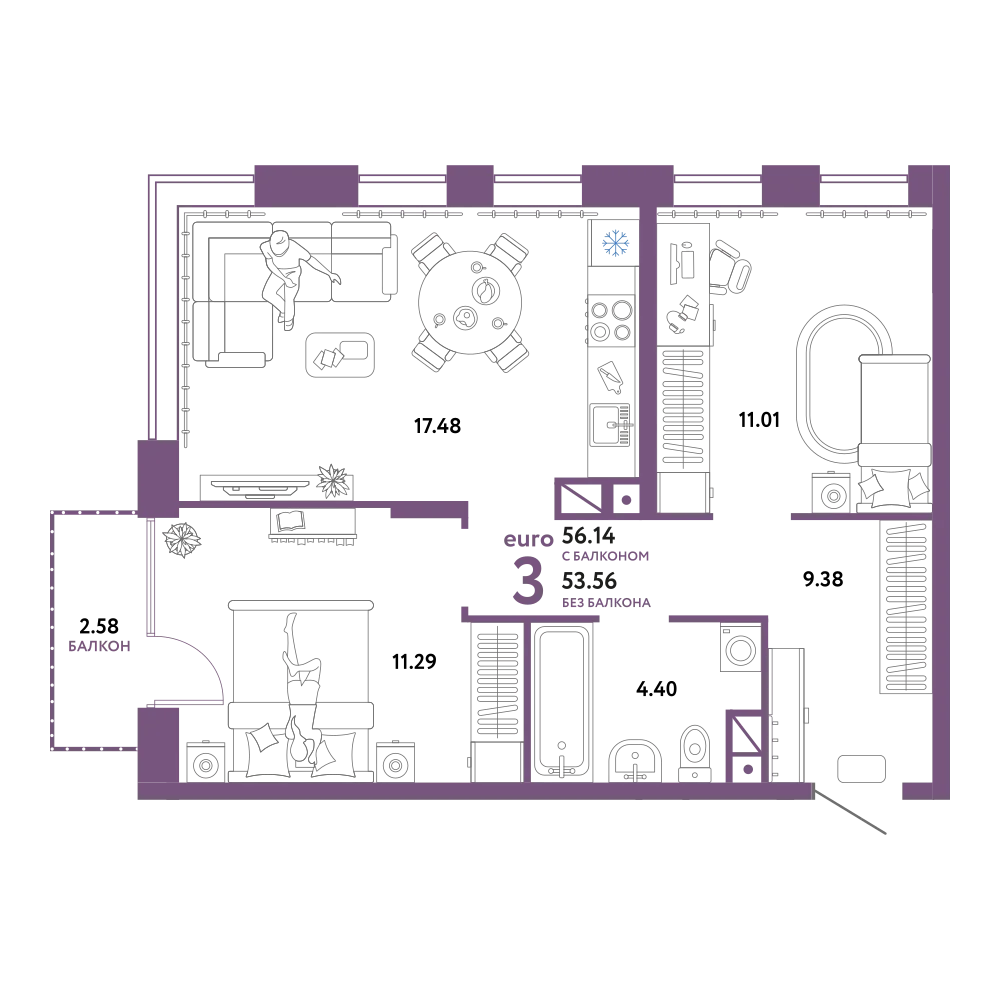 Планировка: Евротрёшка 56,14 м²
