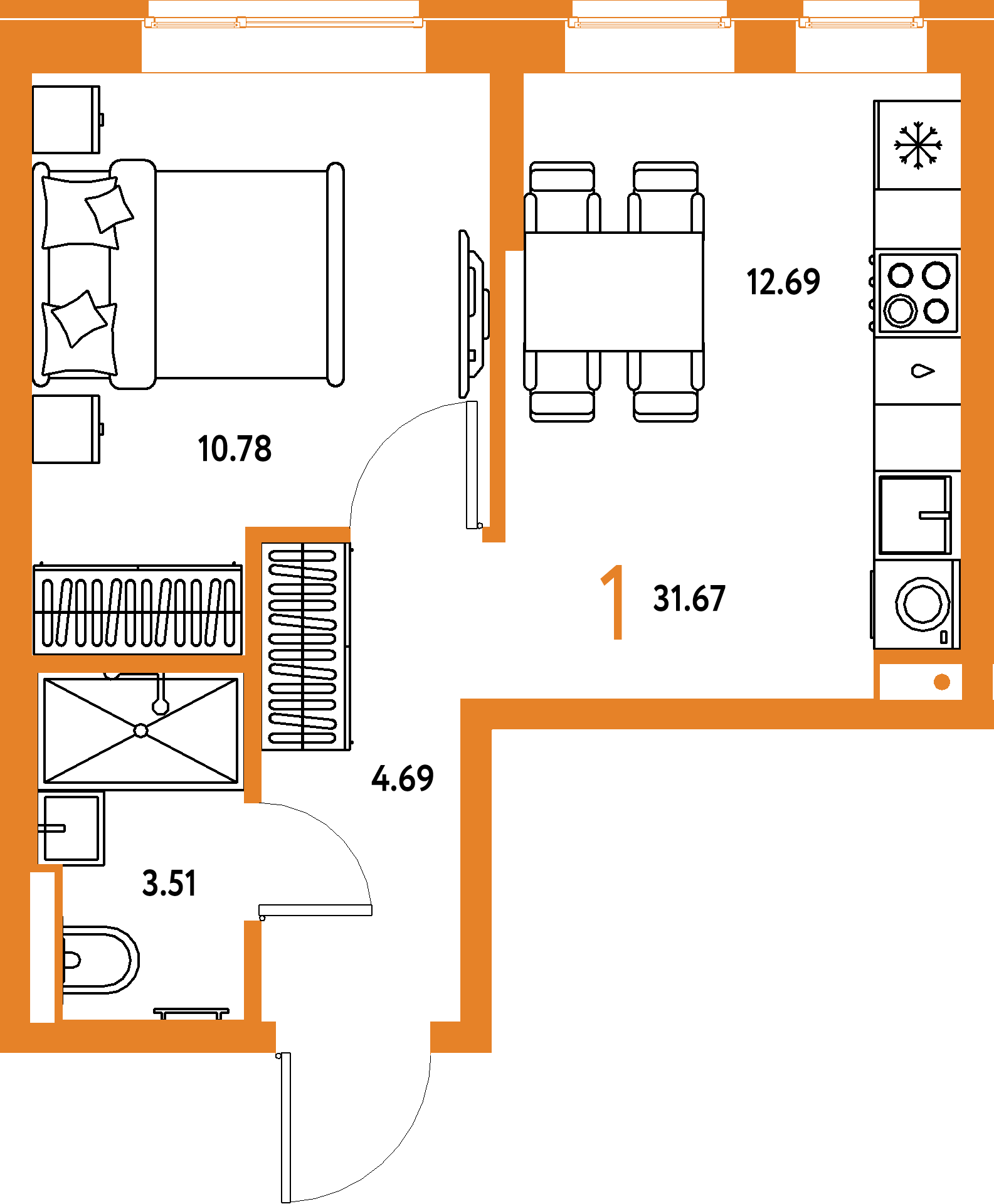 Планировка: 1-комнатная 31,67 м² в ЖК «Домашний»
