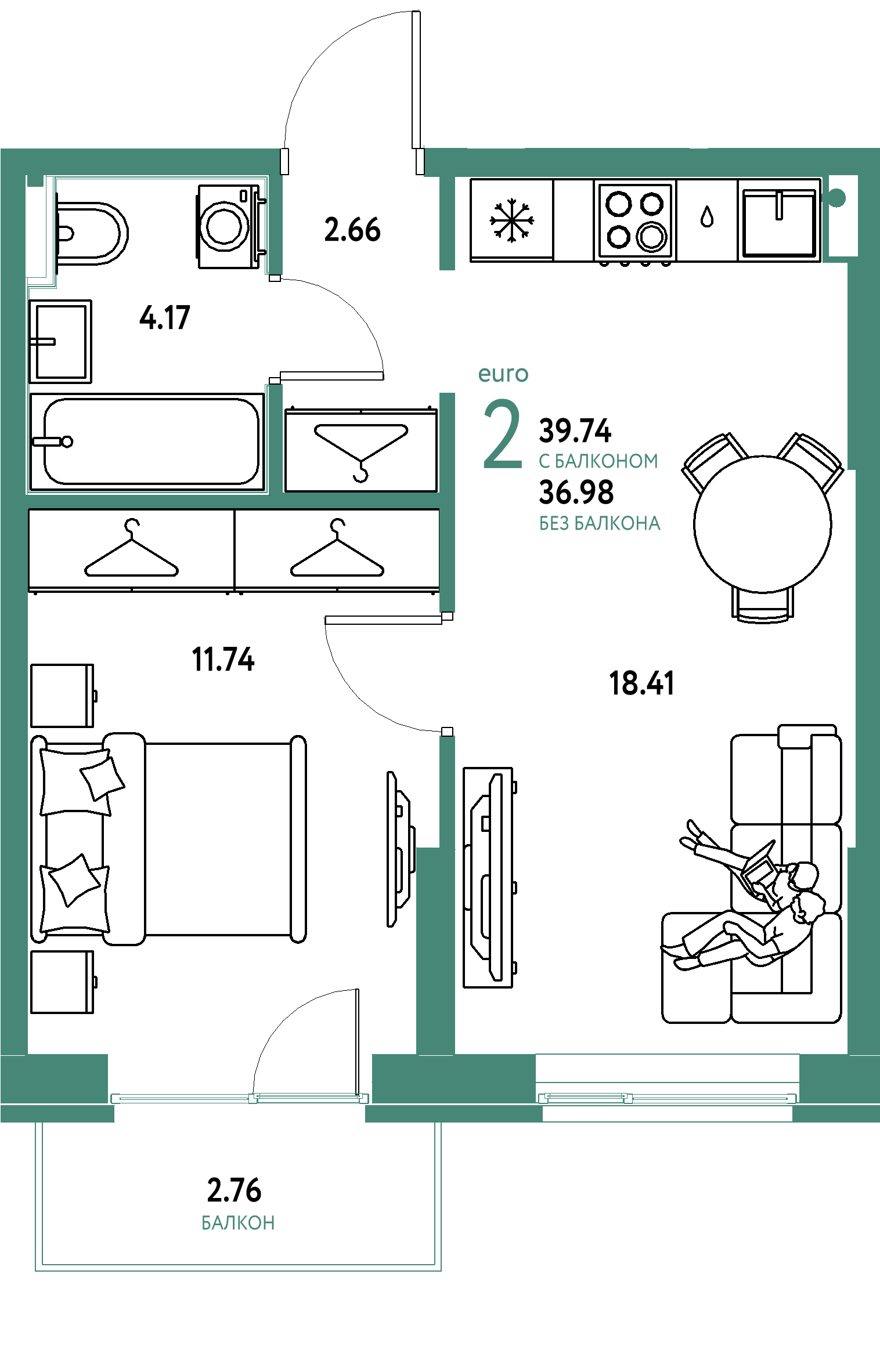 Планировка: Евродвушка 39,74 м² в ЖК «Европейский берег 2.0»