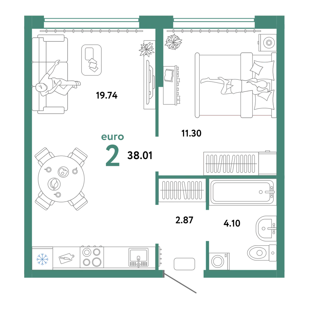 Планировка: Евродвушка 36,73 м²