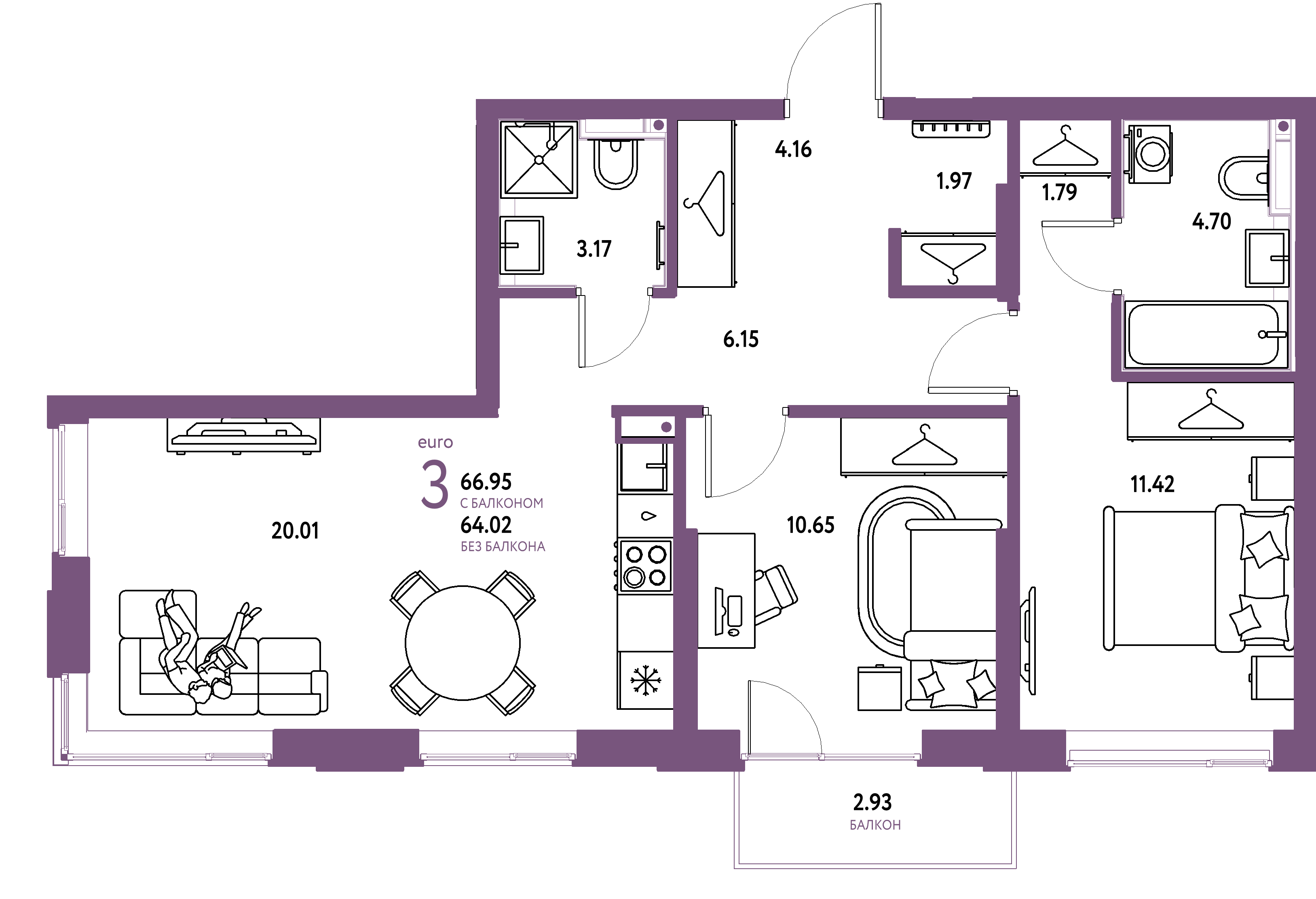 Планировка: Евротрёшка 66,95 м² в ЖК «Страна.Прибрежная»
