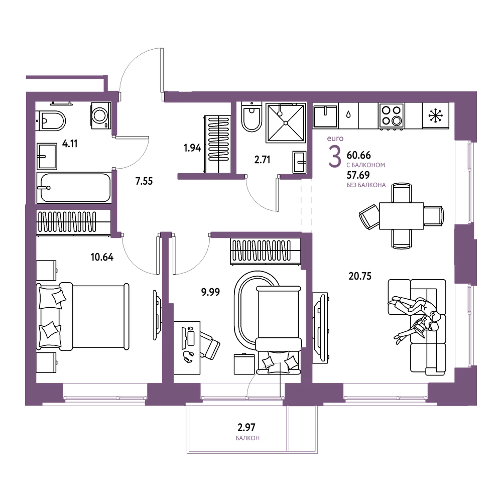 Планировка: Евротрёшка 60,66 м²