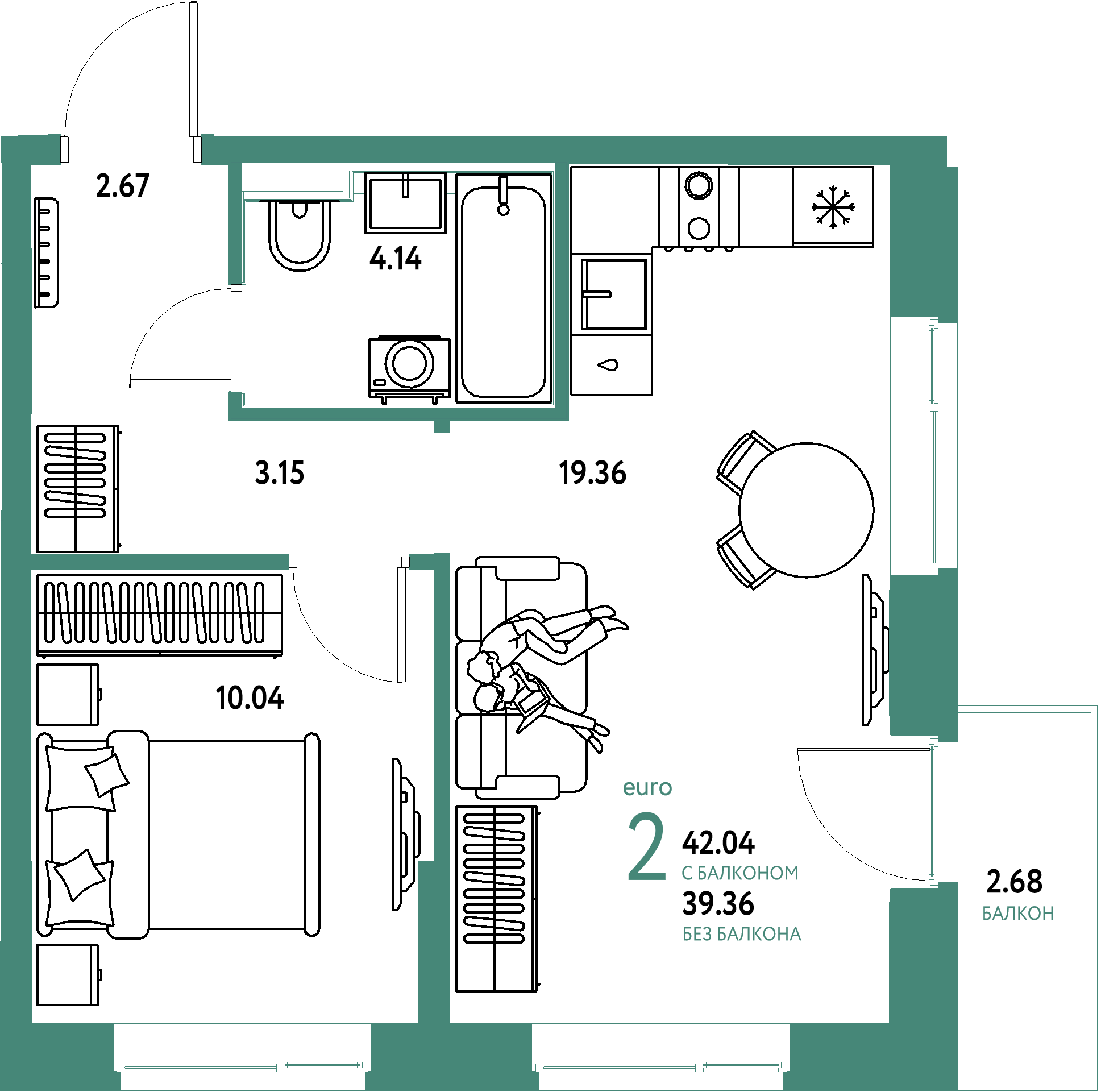 Планировка: Евродвушка 42,04 м² в ЖК «Домашний»